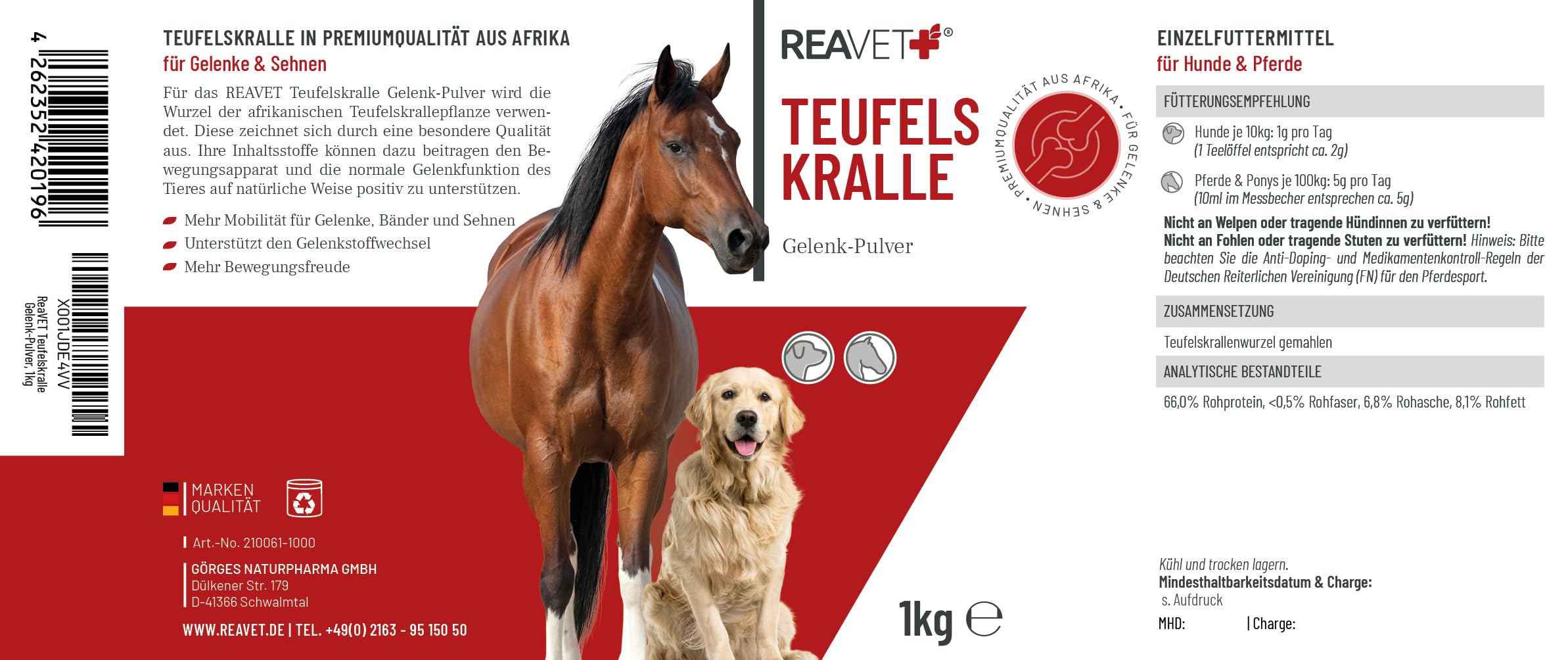 ReaVET Teufelskralle Pulver für Hunde & Pferde 1kg - Natürliches Gelenkpulver zur Unterstützung der Gelenke & Beweglichkeit I Ohne künstliche Zusätze aus Reiner Teufelskrallenwurzel
