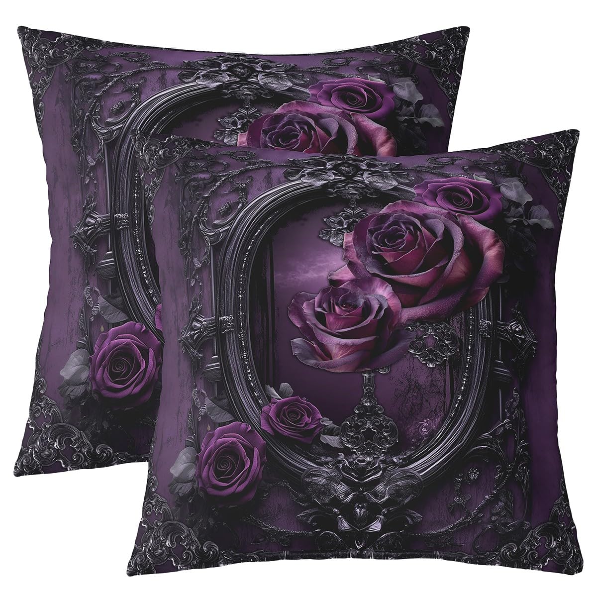 Manfei Purple Rose Flower Throw Pillow Covers (Pack of 2),Gothic Style Cushion Cover for Kids Girls Teens Halloween Pillow Cases Horror Luxury Living Room Sofa Bed Decor,18" Lx18 W — image 1
