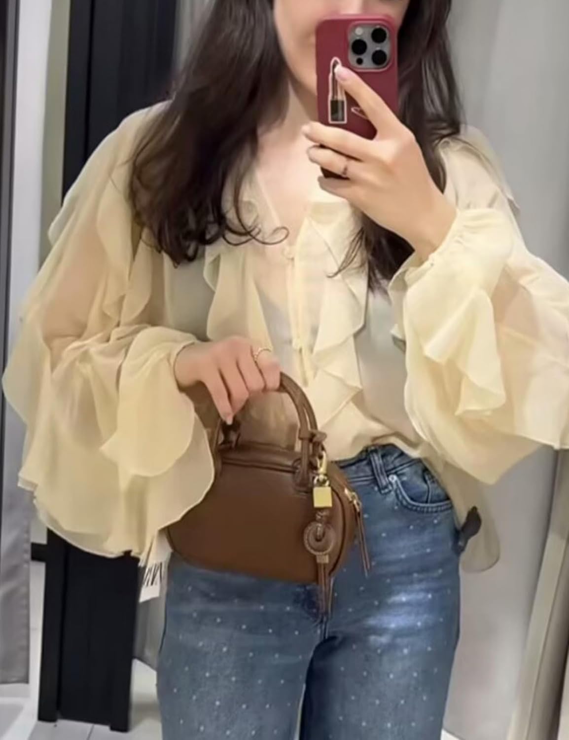 HangNiFang Ruffled Multi-Layered Summer Blouse for Women Trendy Semi See Through V-Neck Long Sleeve Button Chiffon Shirt Tops(1269-Beige-L) - Image 3