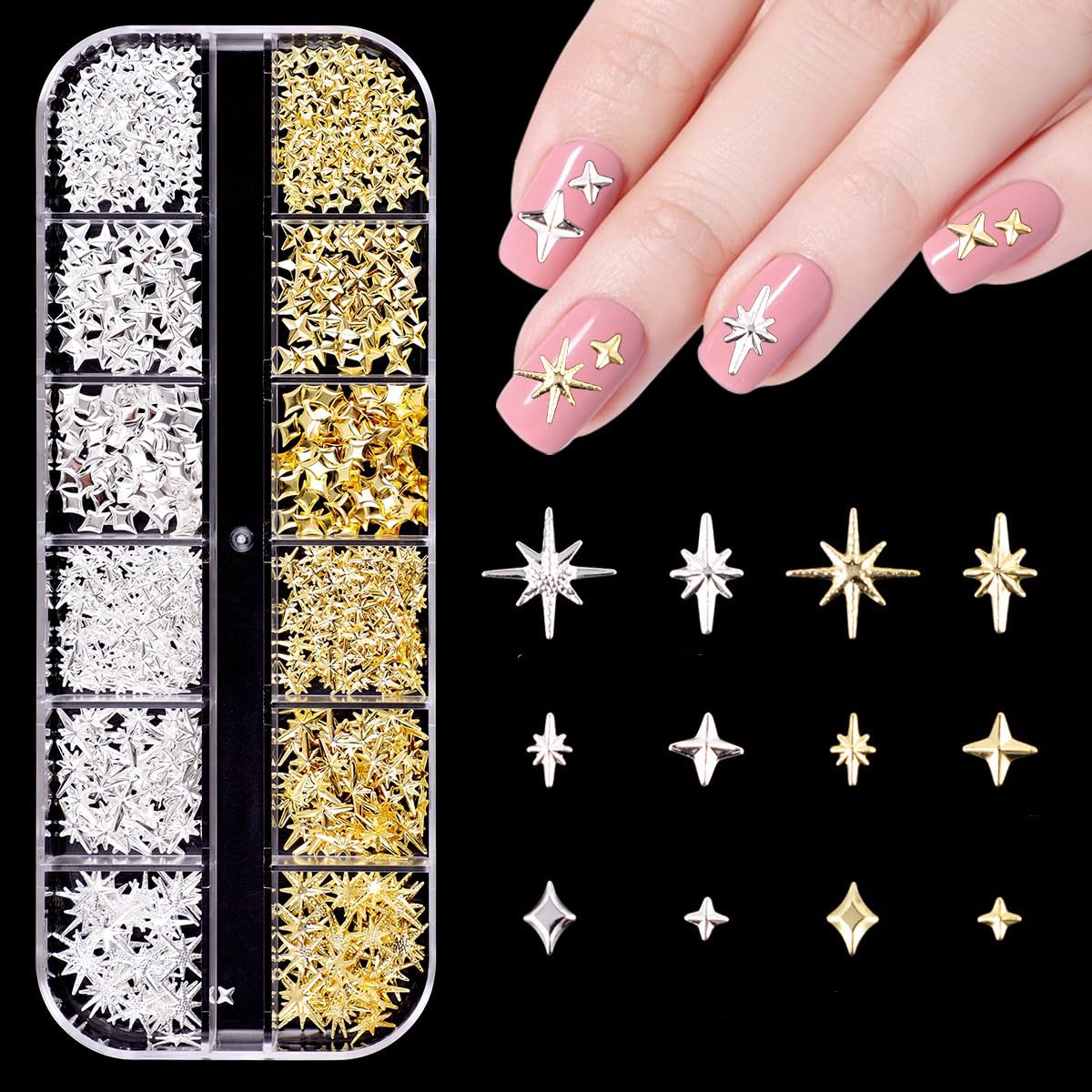 COOSLIM Star Nail Charms and Gems, Stars Starshine Cross Metal Mixed Gold and Silver Nails Gems Charms, 3D Gold Star Manicure Decorations, Shiny Nail