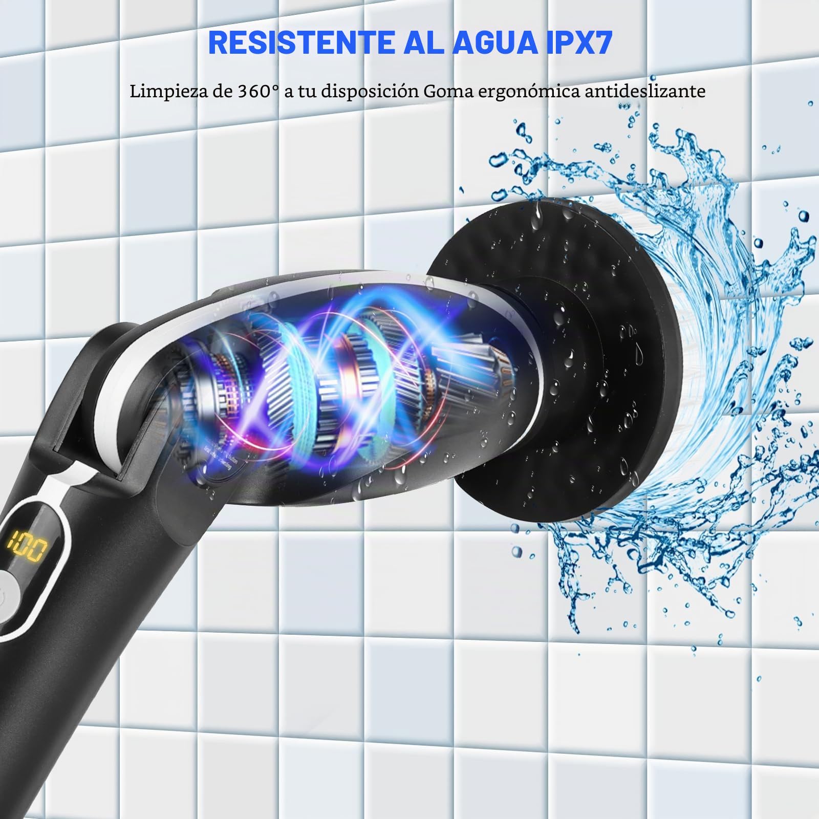 Cepillo Eléctrico Limpieza Hogar, Inalámbrico 129 cm con 8 Cabezas 450 RPM 6 Ángulos IPX7 Ajustables Cepillo Limpieza Baño para Azulejos, Cocina y Suelos
