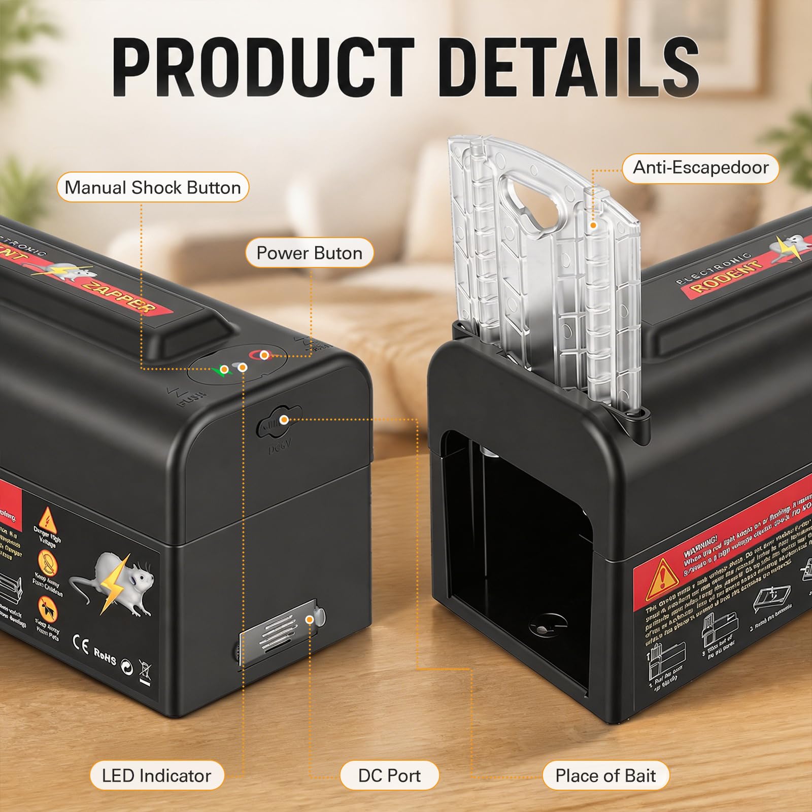 2 trappole elettriche per topi con sensore intelligente ad alta tensione (6-9 KV) per grandi roditori, senza esche tossiche, sicure per casa, cucina e ristorante, distruggenti elettronici per interni