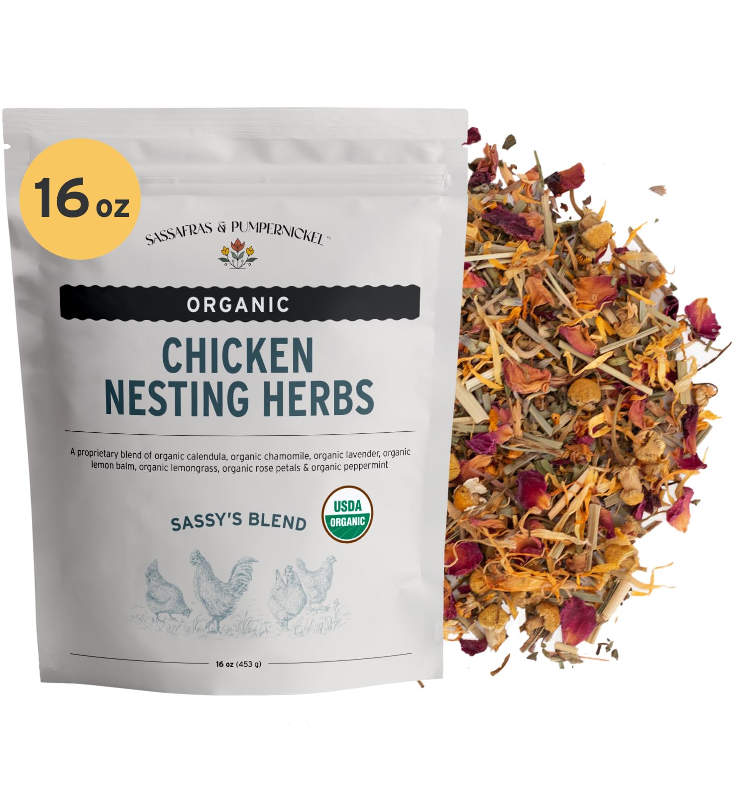 Sassafras &amp; Pumpernickel Certified USDA Organic Chicken Nesting Herbs (16 oz, 1 Pound Bulk Bag) Aromatic Herbs for Coops and Nest Boxes, Nesting Herbs for Chicken coop, coop Refresher for Chickens