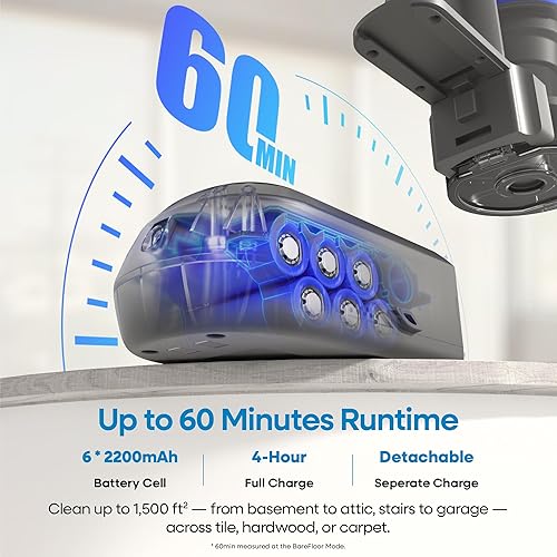 Miniatura 4 de UNINELL HOME Aspiradora inalámbrica, aspiradora de 45000 Pa450 W para el hogar, aspiradora ligera de 60 minutos, carga antienredos y montaje en