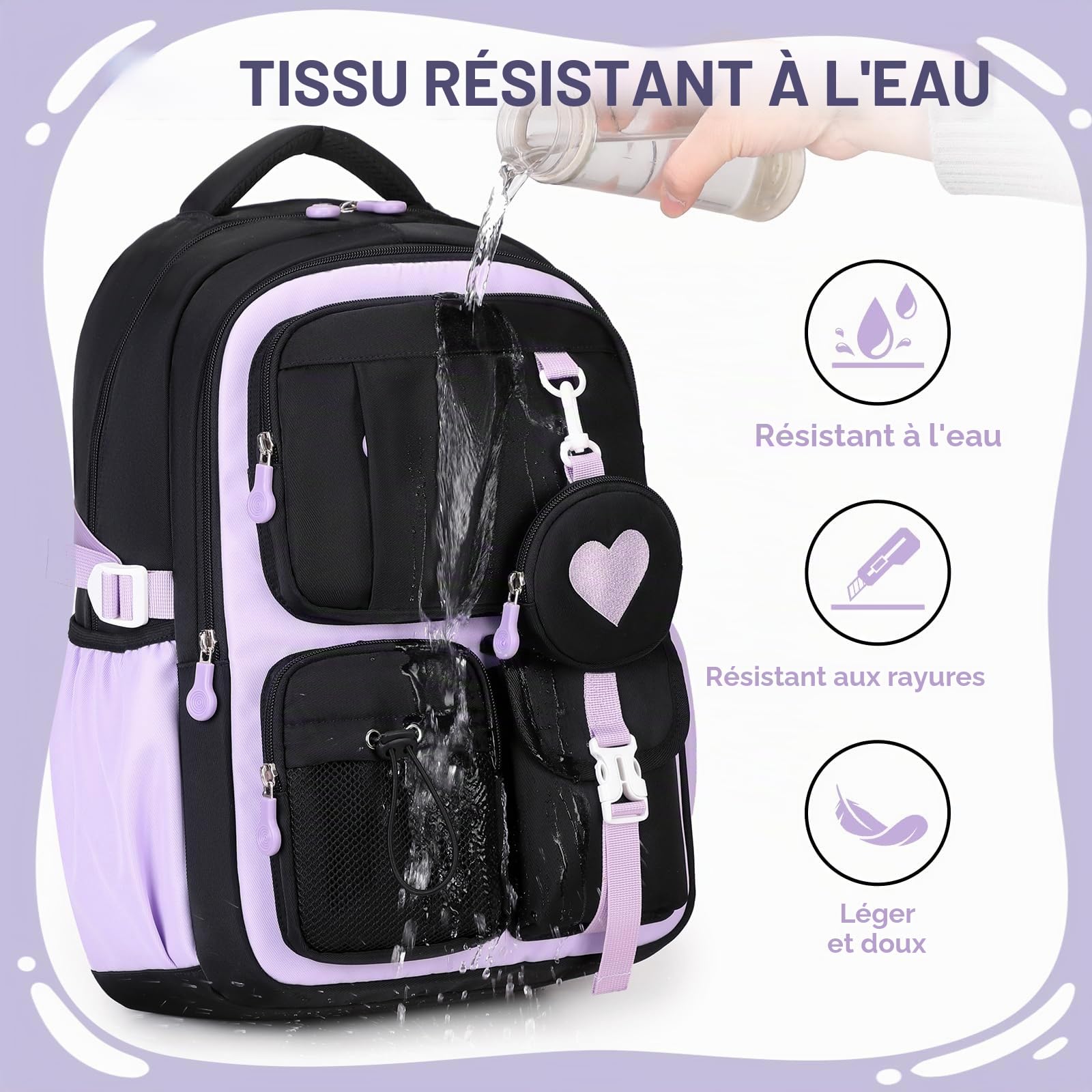 Amythe Cartable Fille Primaire CE1 à CM2 avec Pochette de Monnaie, Noir