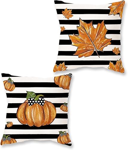 HOMFREEST Juego de 2 fundas de almohada de calabaza otoñal de 18 x 18 pulgadas, fundas de almohada decorativas de otoño a rayas de arce para sofá