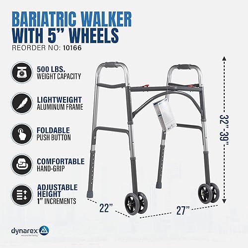 Miniatura 3 de Dynarex Bariatric - Andador plegable con ruedas de 5 pulgadas, plegable, sin herramientas, altura ajustable de hasta 39 pulgadas y capacidad de peso