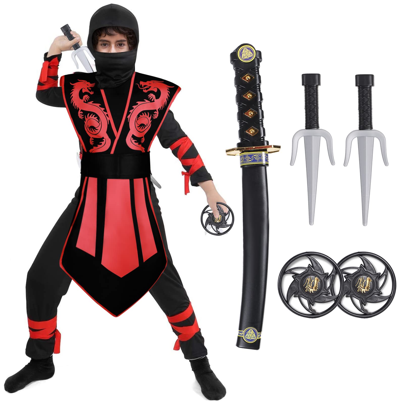 Tacobear Disfraz de Ninja para Niño Disfraz de Calavera Ninja Disfraz de Cosplay Disfraz Infantil de Halloween Negro y Rojo 3-12 Años