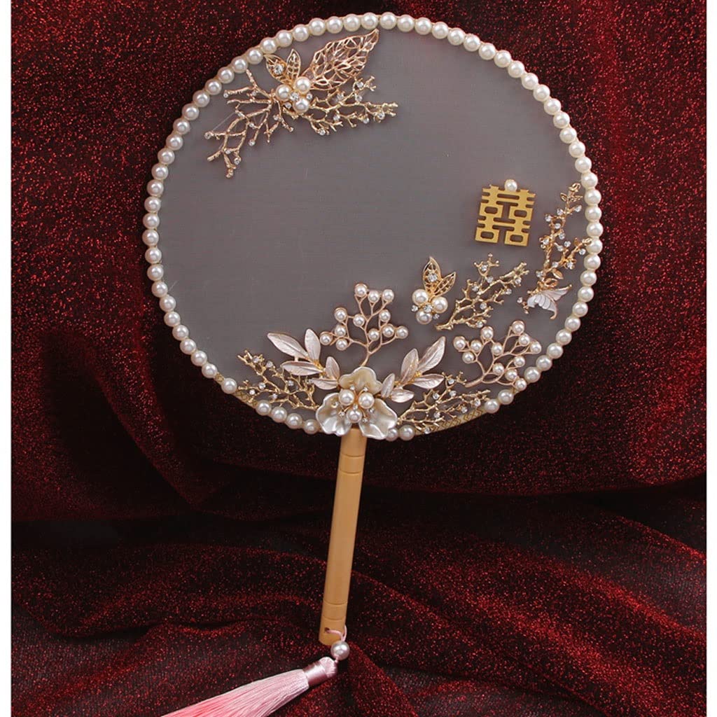 Chinese Style ROOd Round Wedding Bride Hand Silk Fans Wooden Eventail Portable Fan Home Table Decor (color : Wit)