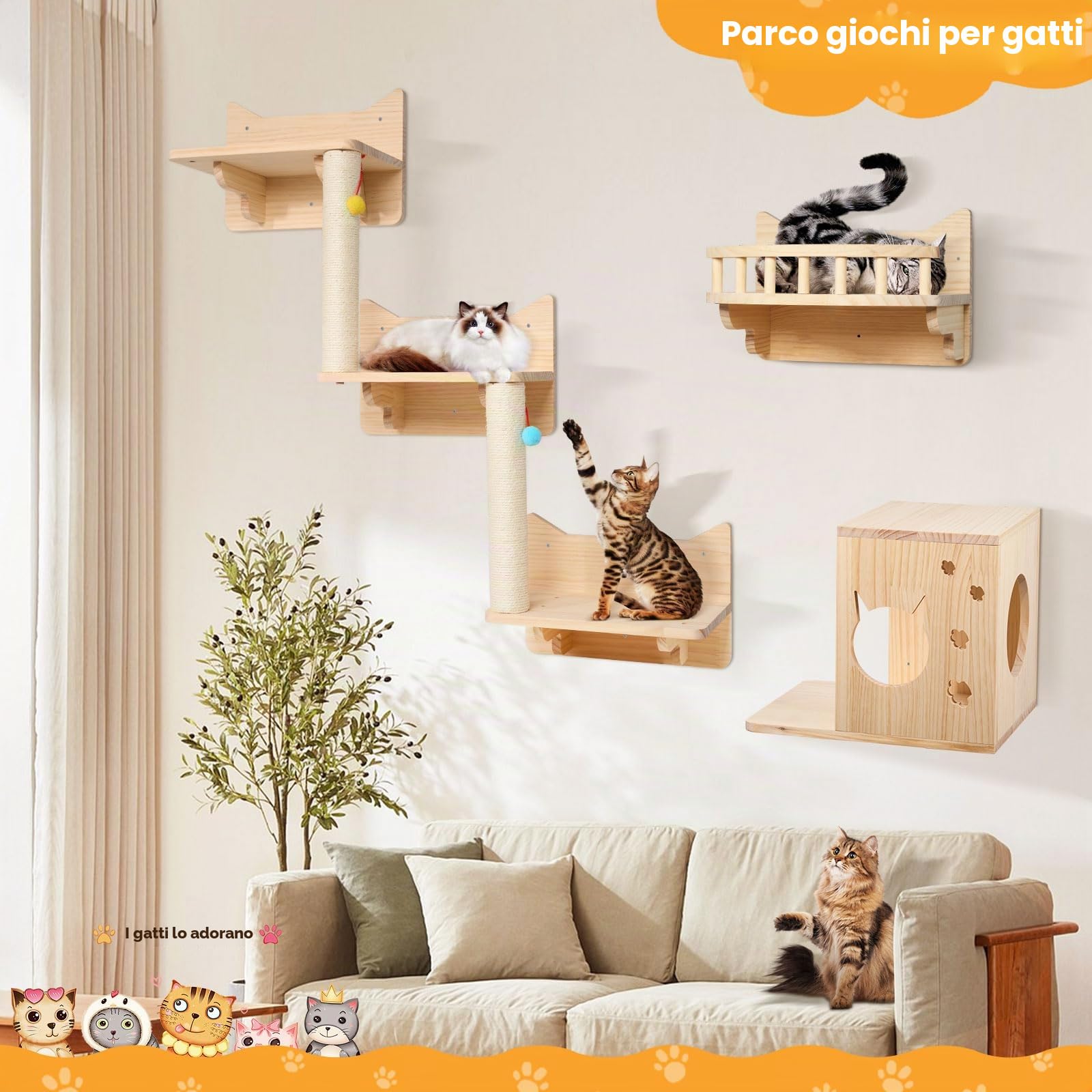 Parete per arrampicata gatto, set 5 scaffali legno stabili