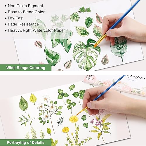 Miniatura 3 de Juego de pintura de acuarela, 48 colores con 11 pinceles, 5 bolígrafos de pincel de agua, papel de acuarela de 15 páginas, esponjas, paleta, kit de