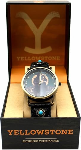 Miniatura 5 de Accutime Yellowstone The Antic Gold Reloj de pulsera analógico de cuarzo con eslabones de metal, piel sintética negra y piedra turquesa para mujer,