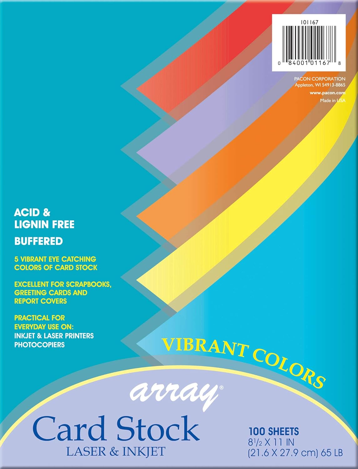 Pacon Card Stock, Vibrant Assortment, 5 Colors, 8-1/2" x 11", 100 Sheets