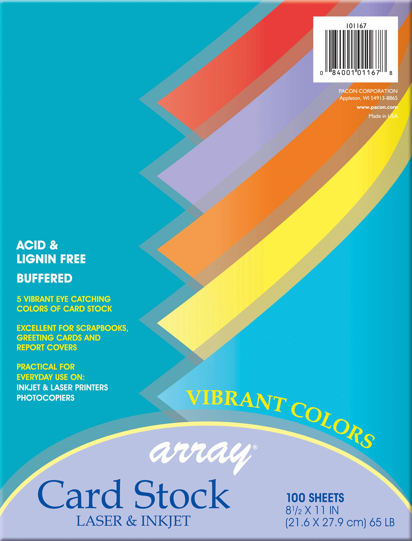 Pacon Card Stock, Vibrant Assortment, 5 Colors, 8-1/2" x 11", 100 Sheets