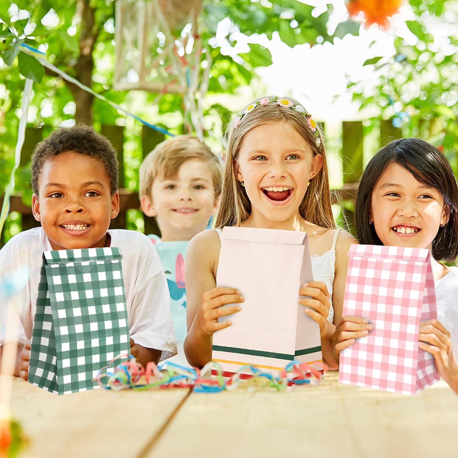 Kolldenn 36 Pcs Gingham Gift Bags Gingham Camp Paper Bag Pink Green Plaid Checkered Goodie Bags for Camp Bachelorette Baby Shower Wedding Birthday Easter Party Favor Supplies - Image 7