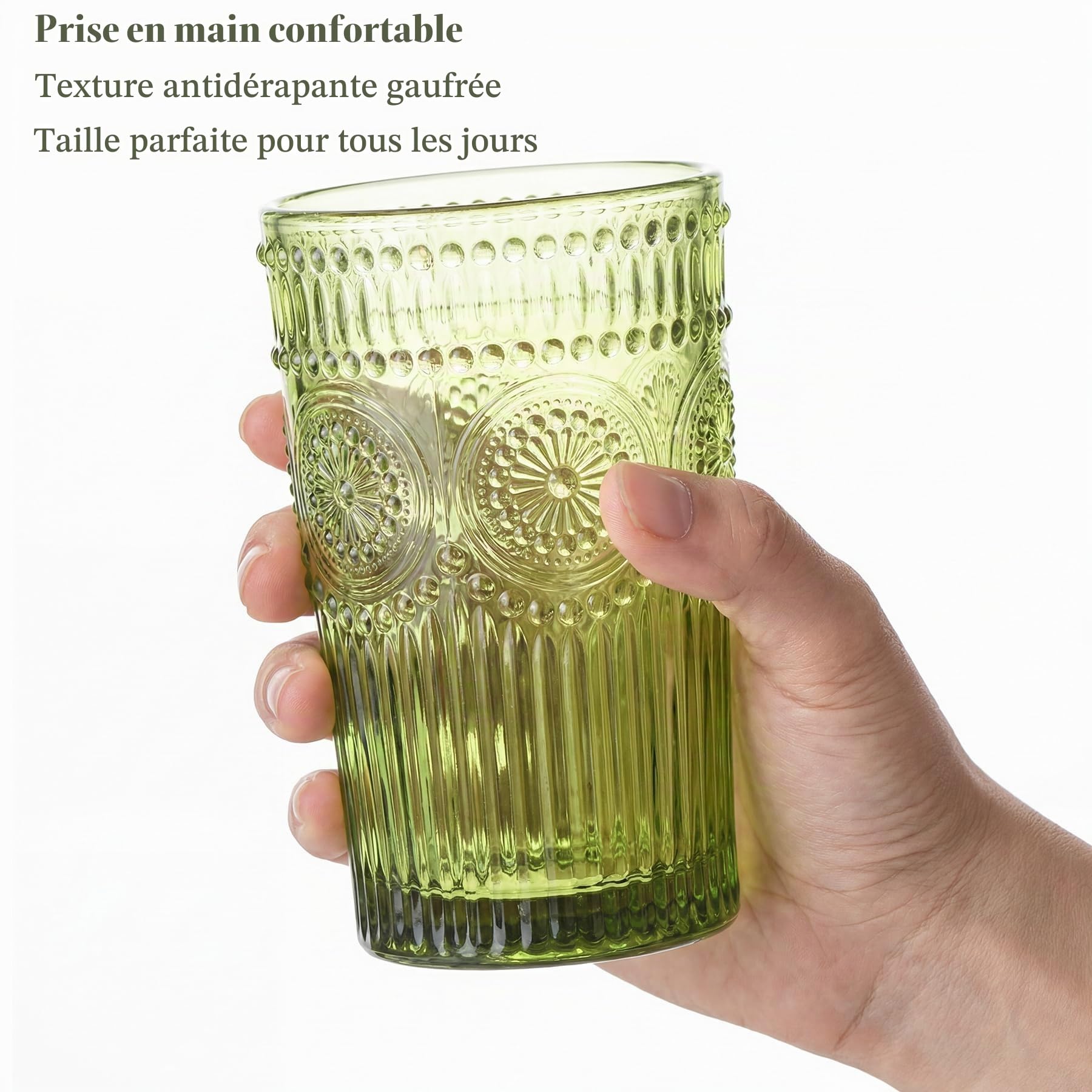 Kingrol Lot de 6 verres à eau vintage de 350 ml en relief romantique pour jus, boissons, bière, cocktails (vert)