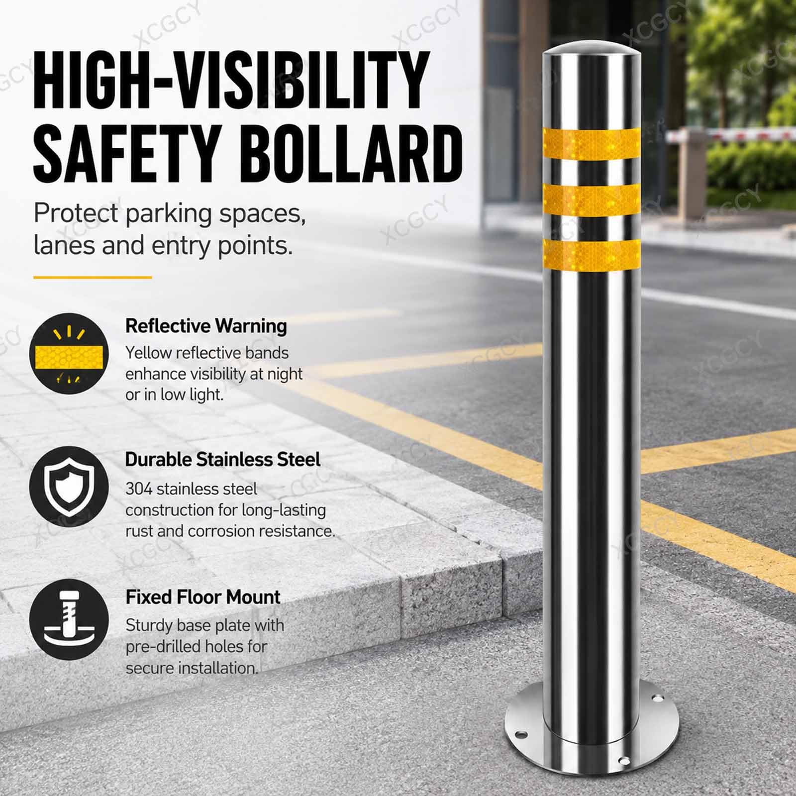 Paletto di Parcheggio in Acciaio Inox, Dissuasore di Sicurezza in Acciaio Inox Resistente, 3 Pezzi, Pali 750 Mm con Bulloni di Ancoraggio, Barriera Riflettente per Vialetti E Parcheggi