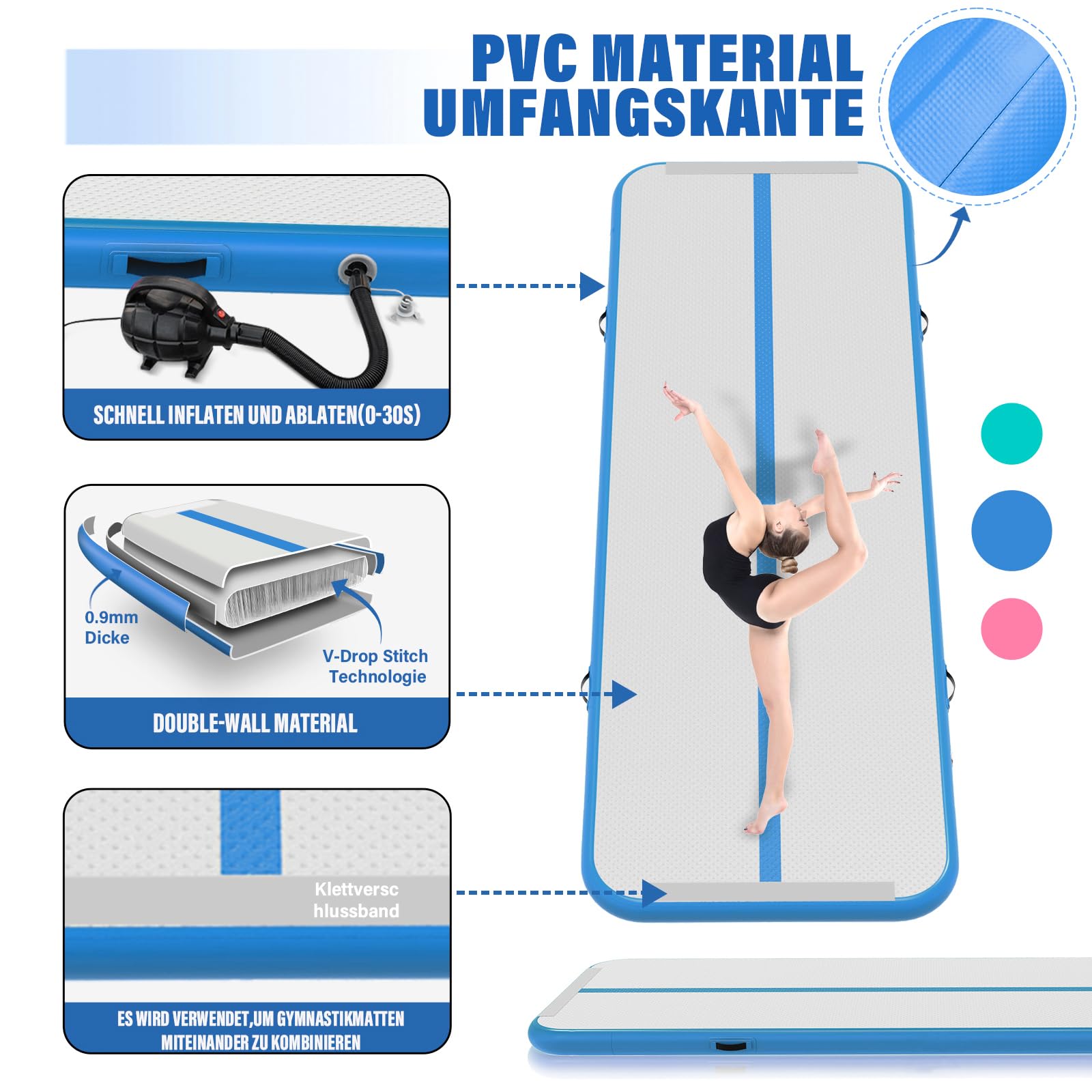 Air Track Ginnastica Artistica 3/4/5/6 Metri 10/20cm Spessore – Tappeto Ginnastica Artistica da Casa con Pompa Elettrica, Tappetino Gonfiabile per Allenamento, Yoga, Cheerleading, Fitness
