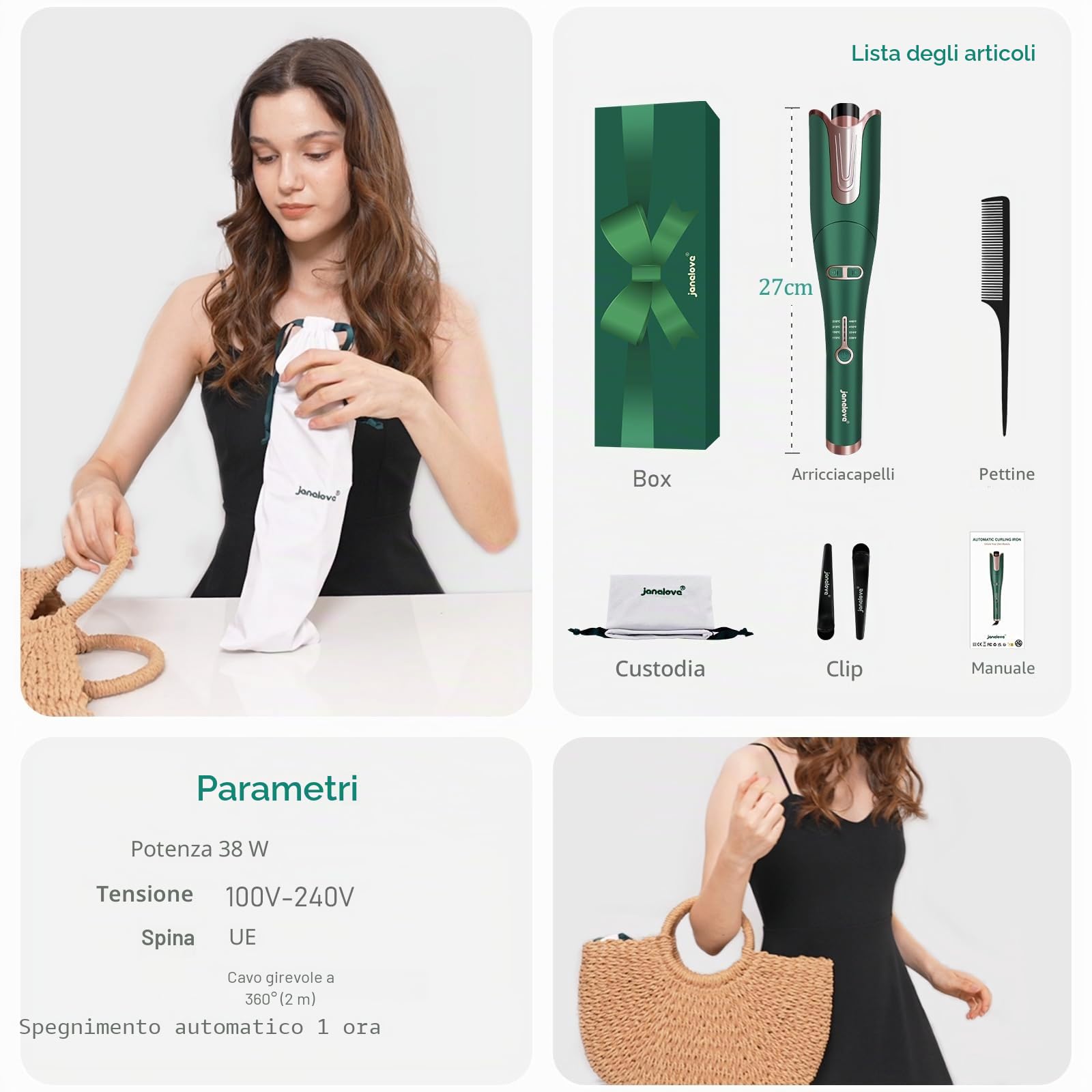 janelove Arricciacapelli Automatico, Ferro Arricciacapelli Professionale Intelligente in Ceramica, 4 Temperatura Professionale Ferro Capelli per Lunghi o Corti Asciutti