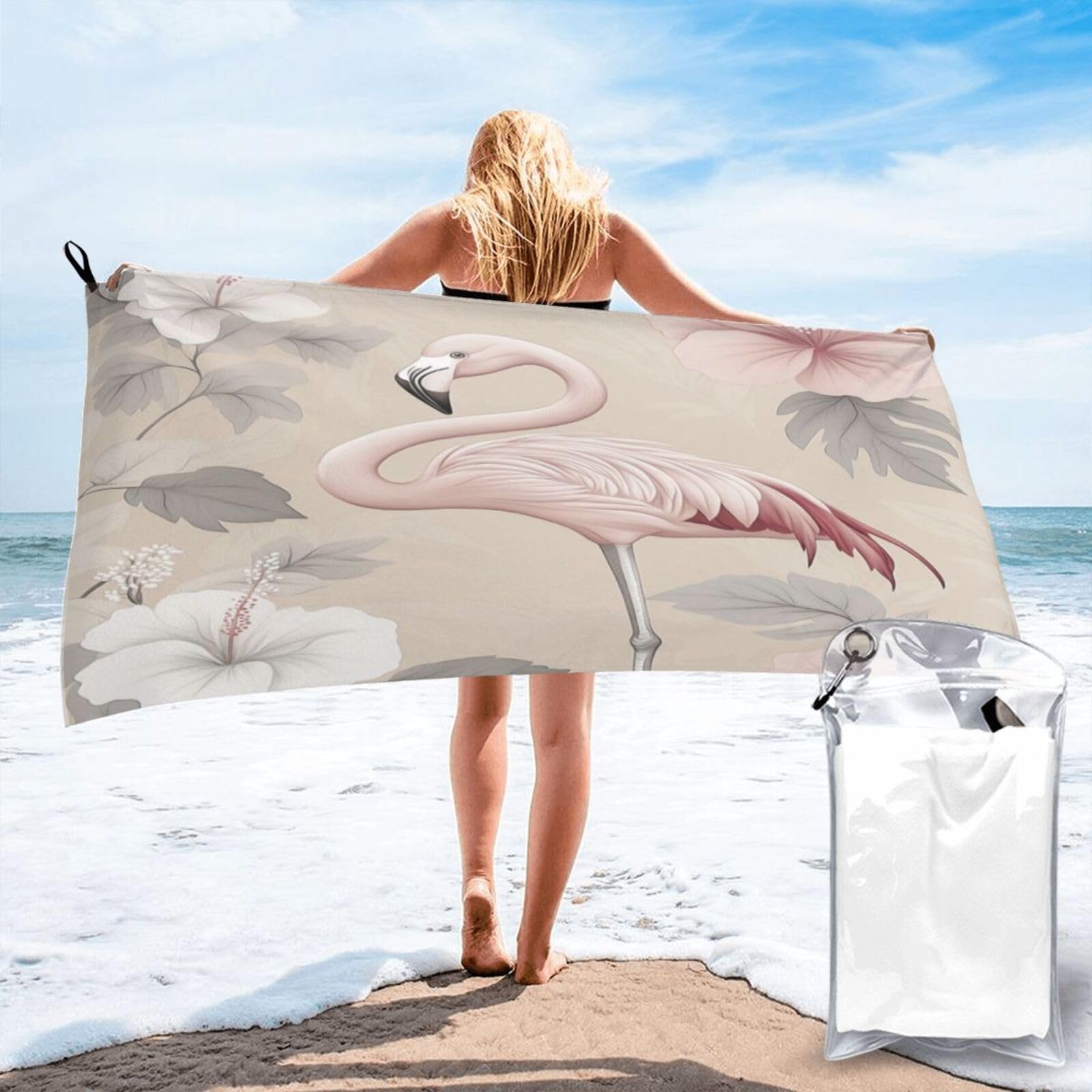 Anceky Digital Illustration of Flamingo, Floral Background Quick Dry Microfiber Travel Towel with Carry Case and Carabiner 31.5"X63"