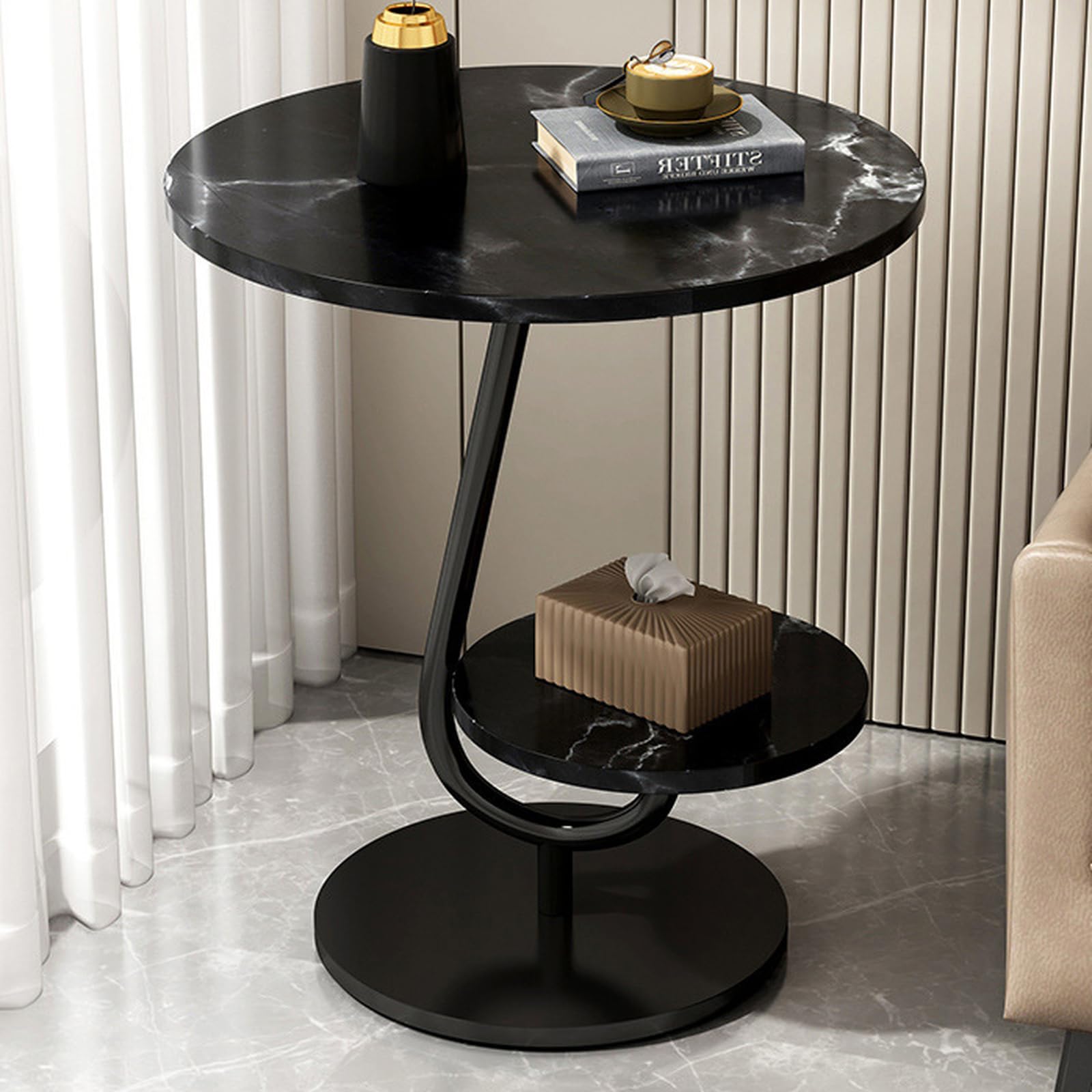 Mesa auxiliar redonda de madera mesita de sofá industrial de metal negra salón