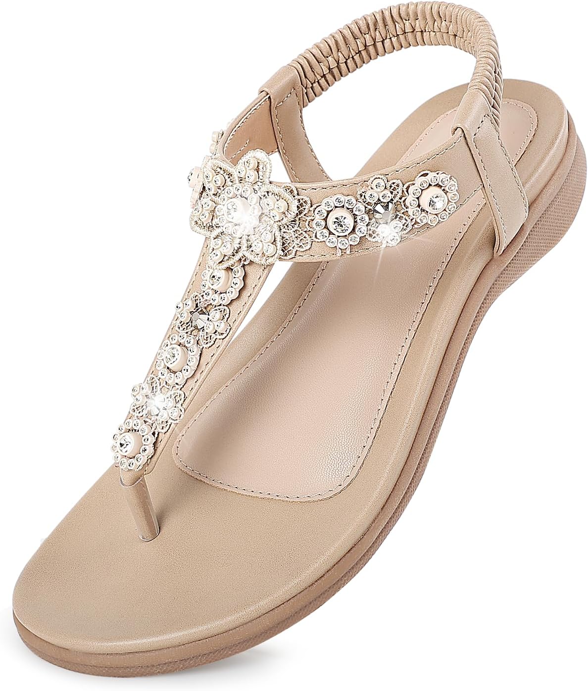 Flat Sandals for Women Dressy – Summer Comfortable Ankle Strap Thong Flats Sandal with Rhinestone for Outdoor Walking