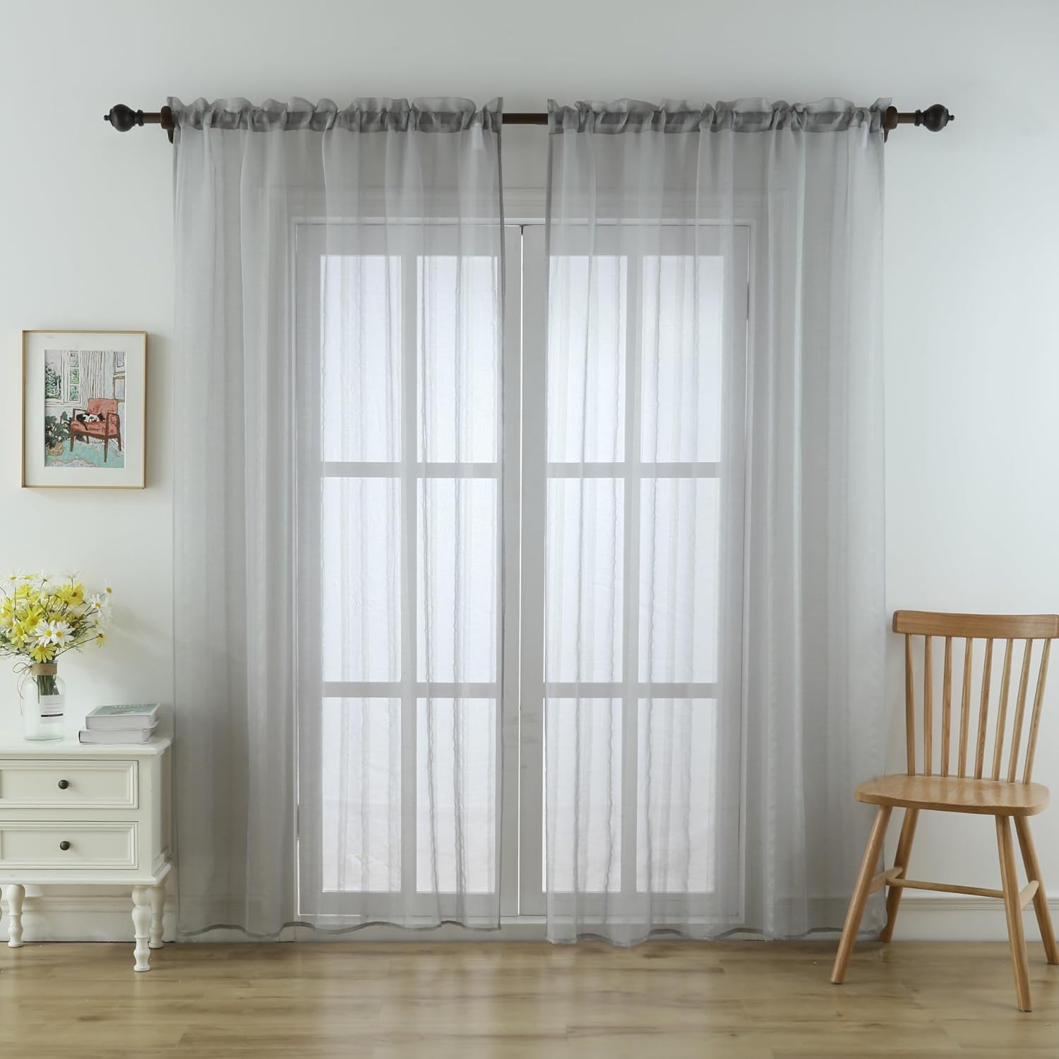 Imitation Cotton Linen Jacquard American Vertical Stripe Sheer Curtains Voile Gauze Home Decor for Living Room Bedroom(2 Panels, W 54 x L 84 inch, Beige)