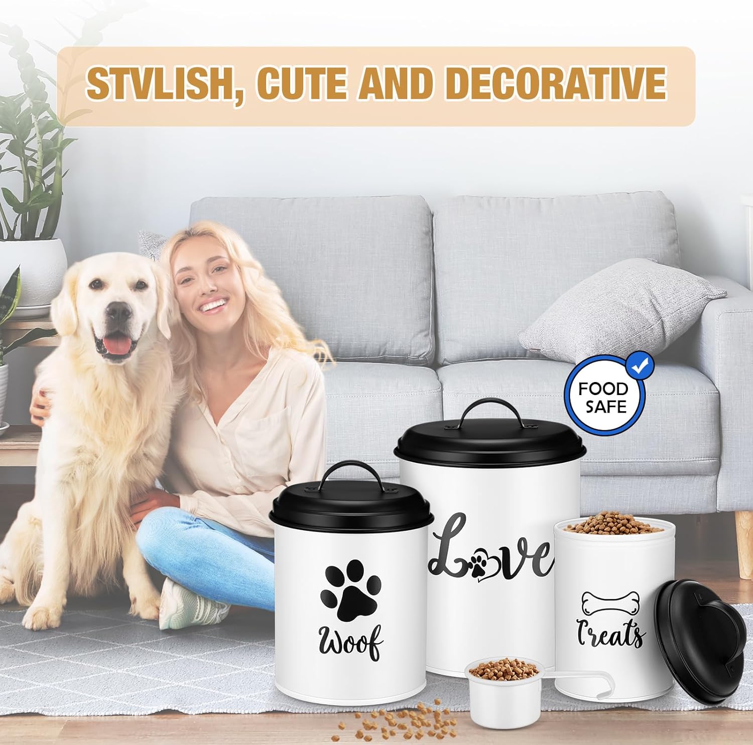 Teenyyou Dog Food Containers Set of 3 with Lids and Spoon Airtight Metal Dog Treat Snack Jars with DIY Labels Big Pet Cookie Storage Jar for Farmhouse Kitchen Counter(White)