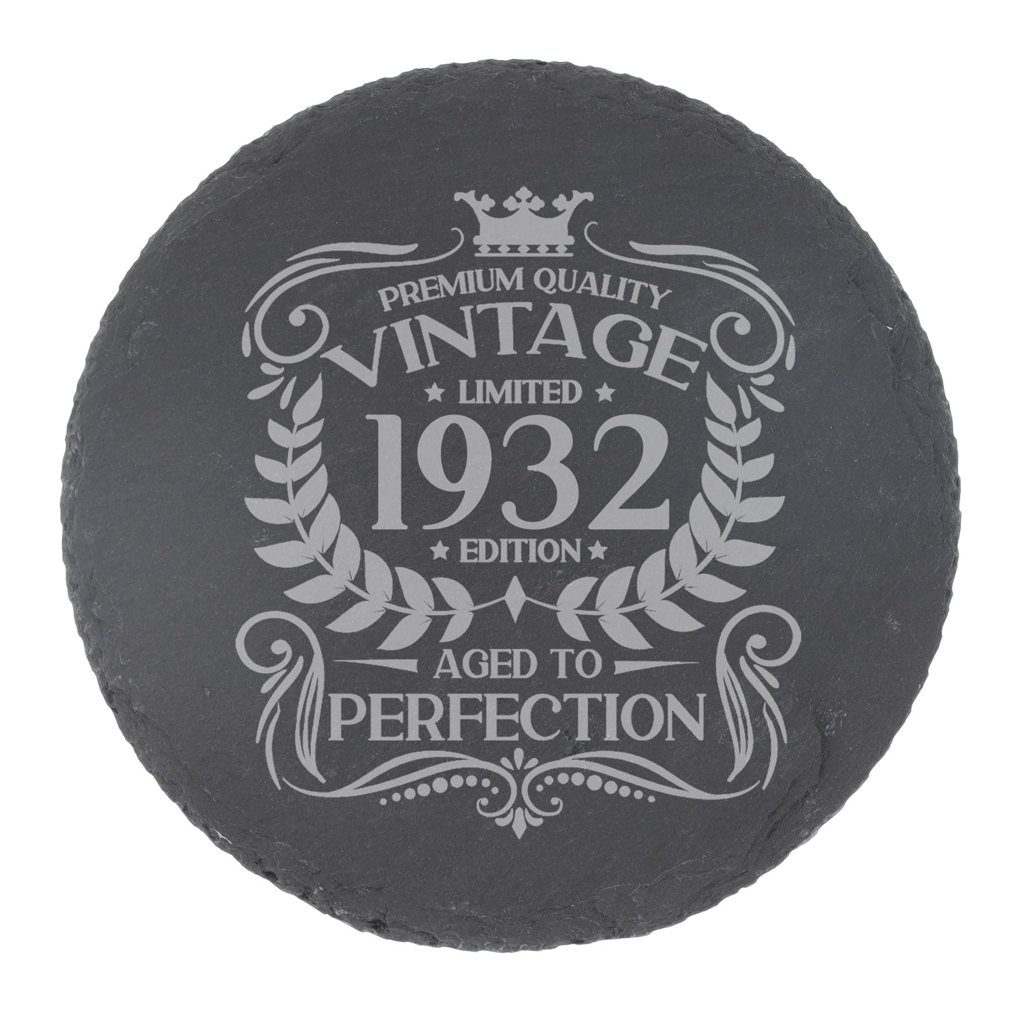 94th Birthday Gift for Men Vintage 1932 Aged to Perfection Engraved Slate Coaster Present for 94 Year Old Etched Natural Slate Placemat (Round Slate)