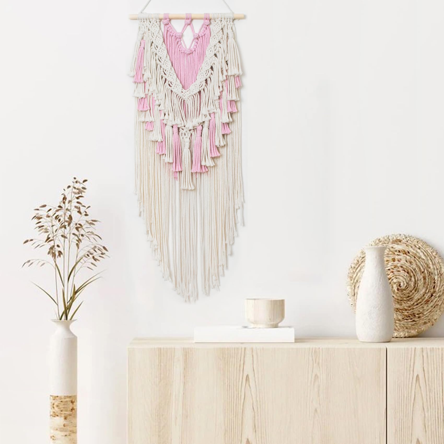 Tapiz de macramé rosa para colgar en la pared, decoración de pared bohemia con borlas rosas y beige, tapiz bohemio para habitación de niñas, habitación de niños, sala de estar, guardería, 6