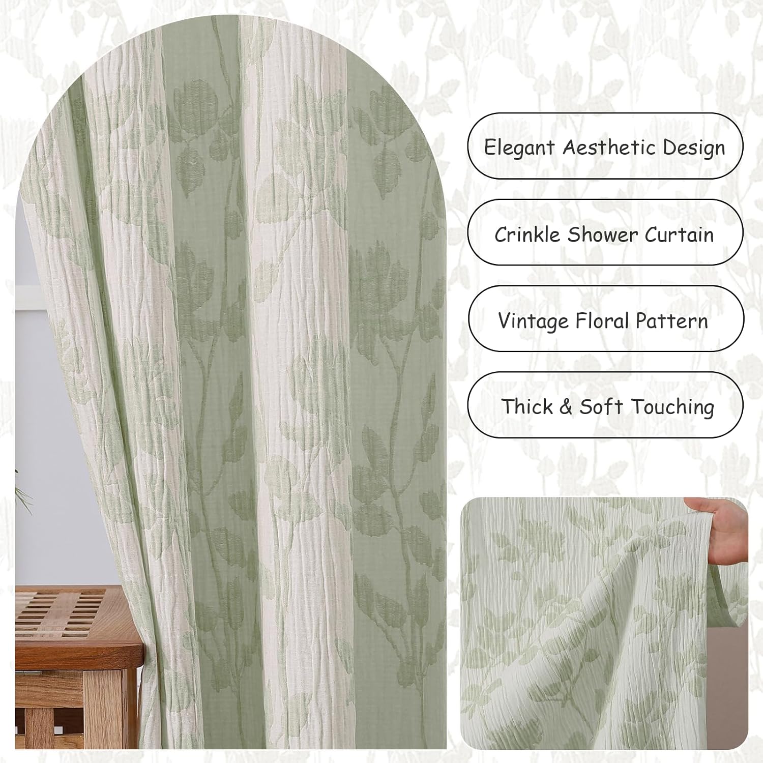 OVZME Yellow Green Floral Shower Curtain 72 Inch Length, Crinkled Textured Thick Bathroom Shower Curtain Hotel Quality, Farmhouse Minimalist Bath Decor, Machine Washable, 72Wx72L Inches