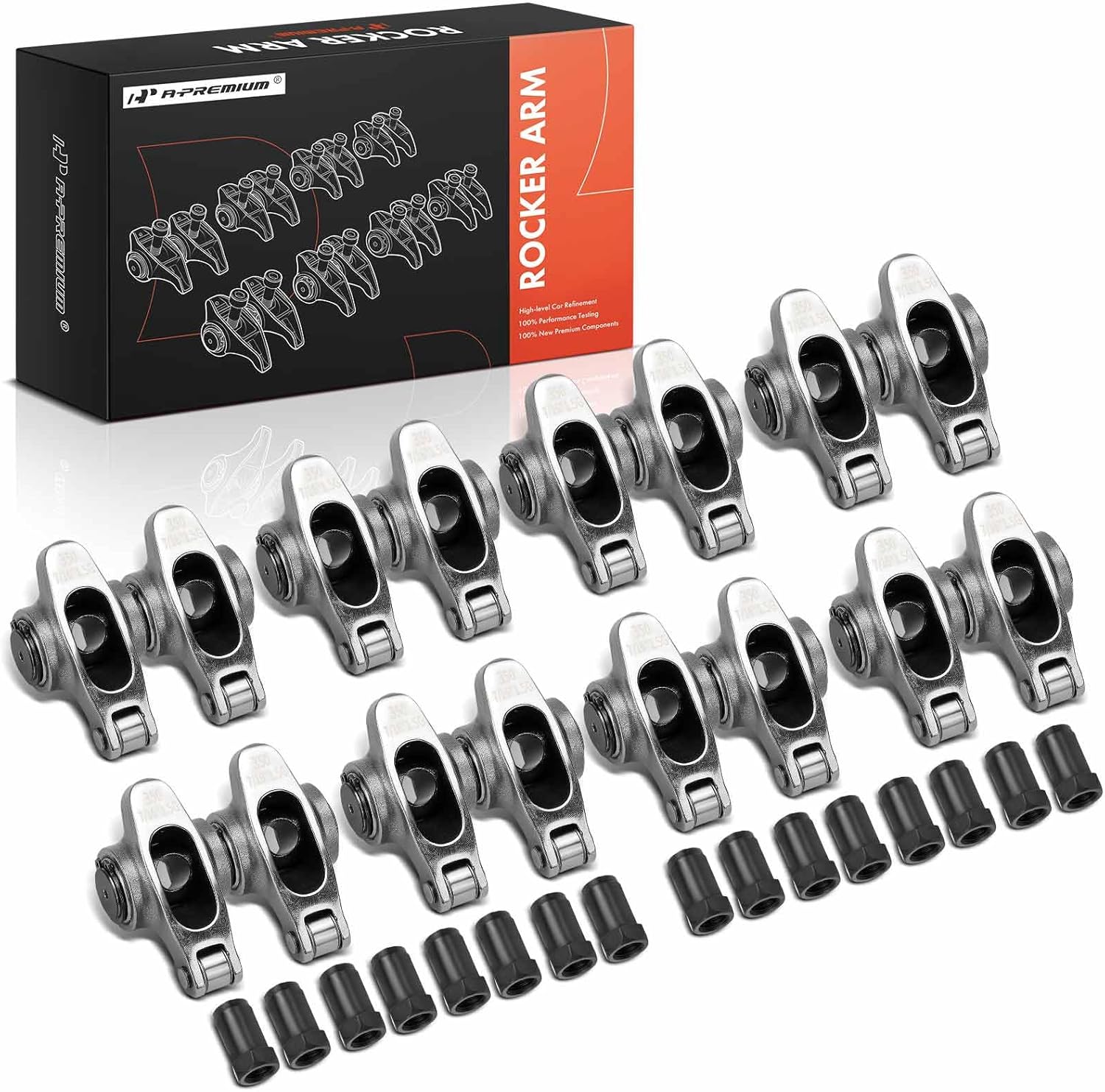 A-Premium 16Pcs Stainless Steel Shaft Mount Rocker Arms Kit with Needle Bearings, Self-aligning Compatible with Chevy SBC 350, 1.5 Ratio, 7/16" Studs