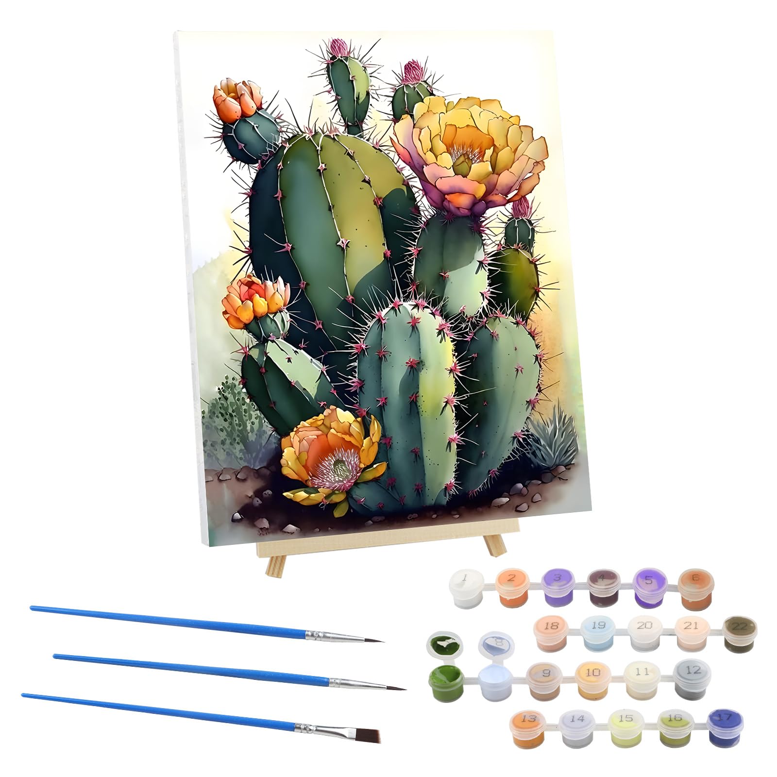 EOBROMD Cactus Paint by Numbers for Adults on Framed Canvas, Flowers Paint by Numbers Kits with Wood Easel, Oil Acrylic Craft Art Painting Kits for Home Wall Decor 12x16 in