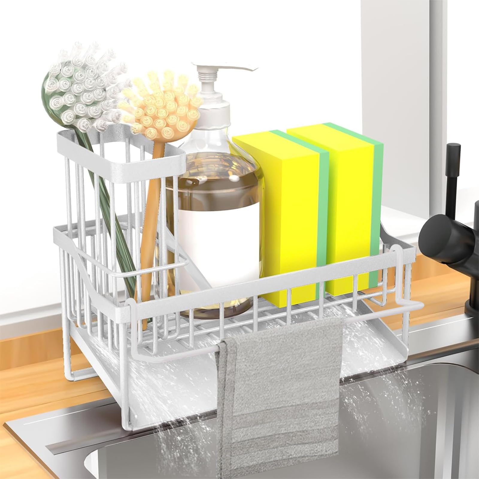 Spülbecken Organizer–Küchen Organizer mit Schwammhalter, Spülbürstenhalter & Geschirrtuchhalter Mit automatischem Abflusssystem Für Arbeitsplatte oder Wandmontage(Weiß)