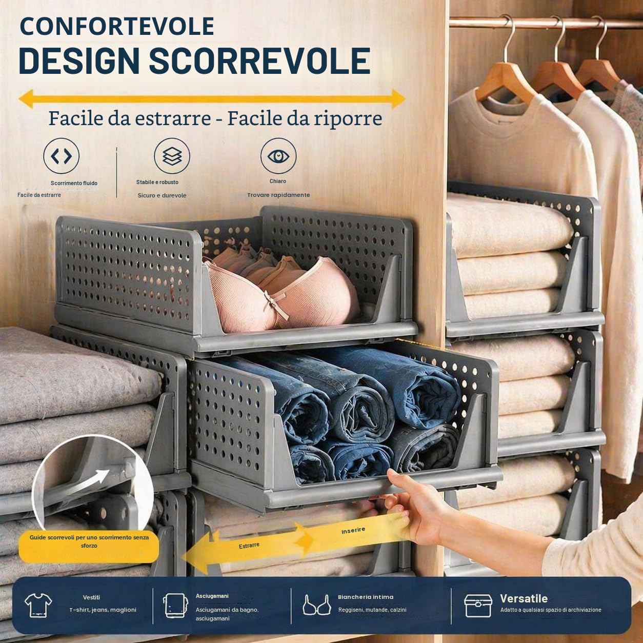 RMAN® 8 set Organizer Armadio Impilabili Cassettiera Armadio Interna Rigido Scatole Portaoggetti Plastica Contenitori per Armadio Salvaspazio per Interno, T-shirt, Pantaloni, Cravatte, Grigio