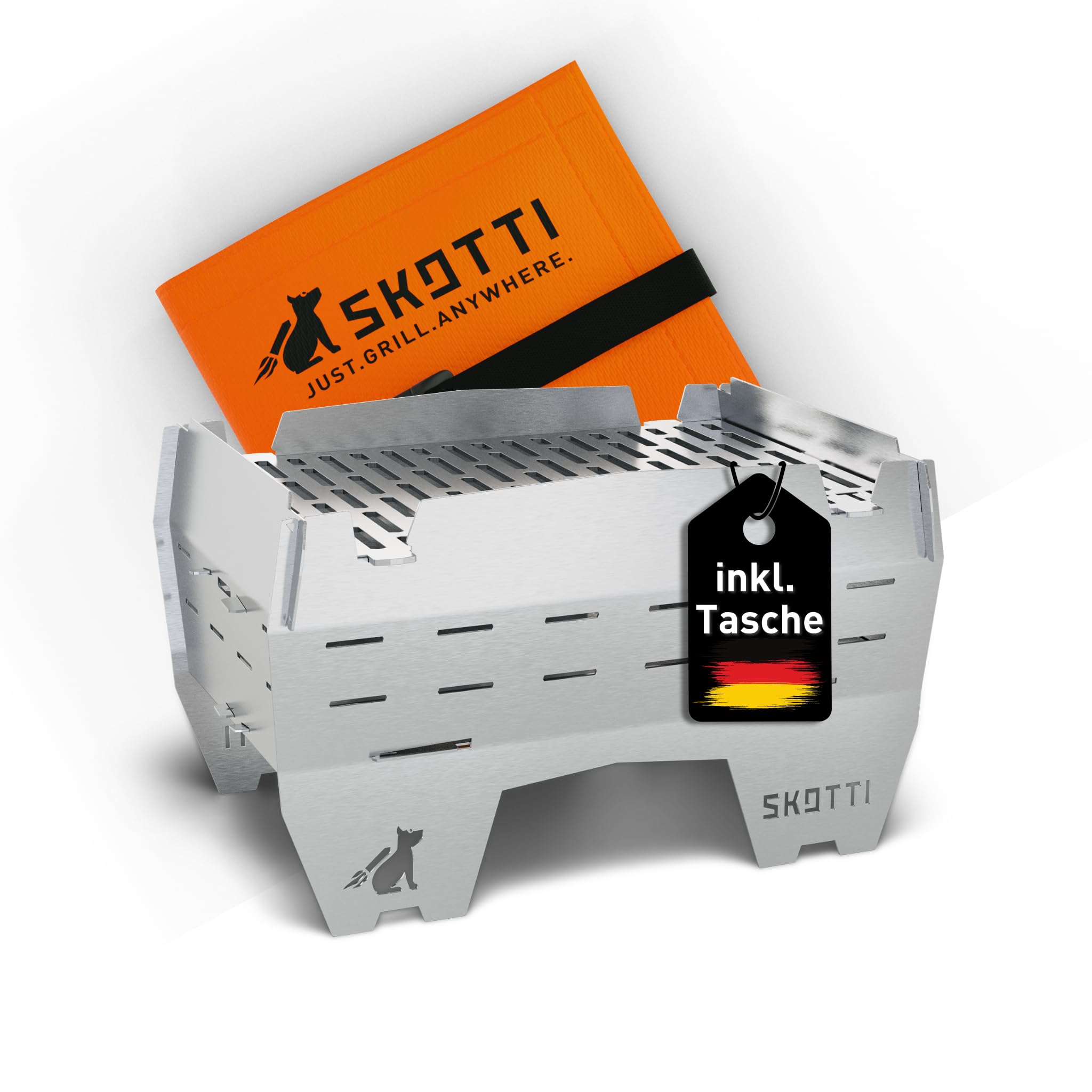 SKOTTI Mini, Holzkohlegrill, Campinggrill Holzkohle klappbar, Ideal für Camping, Balkon, Festivals oder Survival, Campingkocher für Holz, als Hobo Kocher und Survival Kocher nutzbar Solo Camping Stove