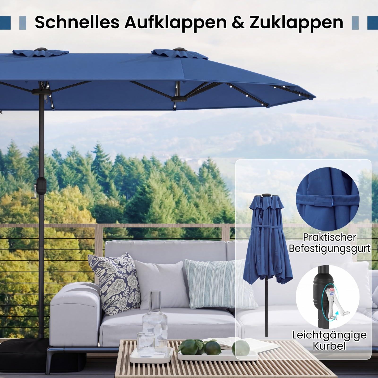 COSTWAY Podwójny parasol przeciwsłoneczny ze stojakiem i diodami LED, 400 x 200 cm, duży parasol przeciwsłoneczny, XXL, UPF 50+, parasol ogrodowy z korbą, parasol tarasowy, do ogrodu, na taras i basen