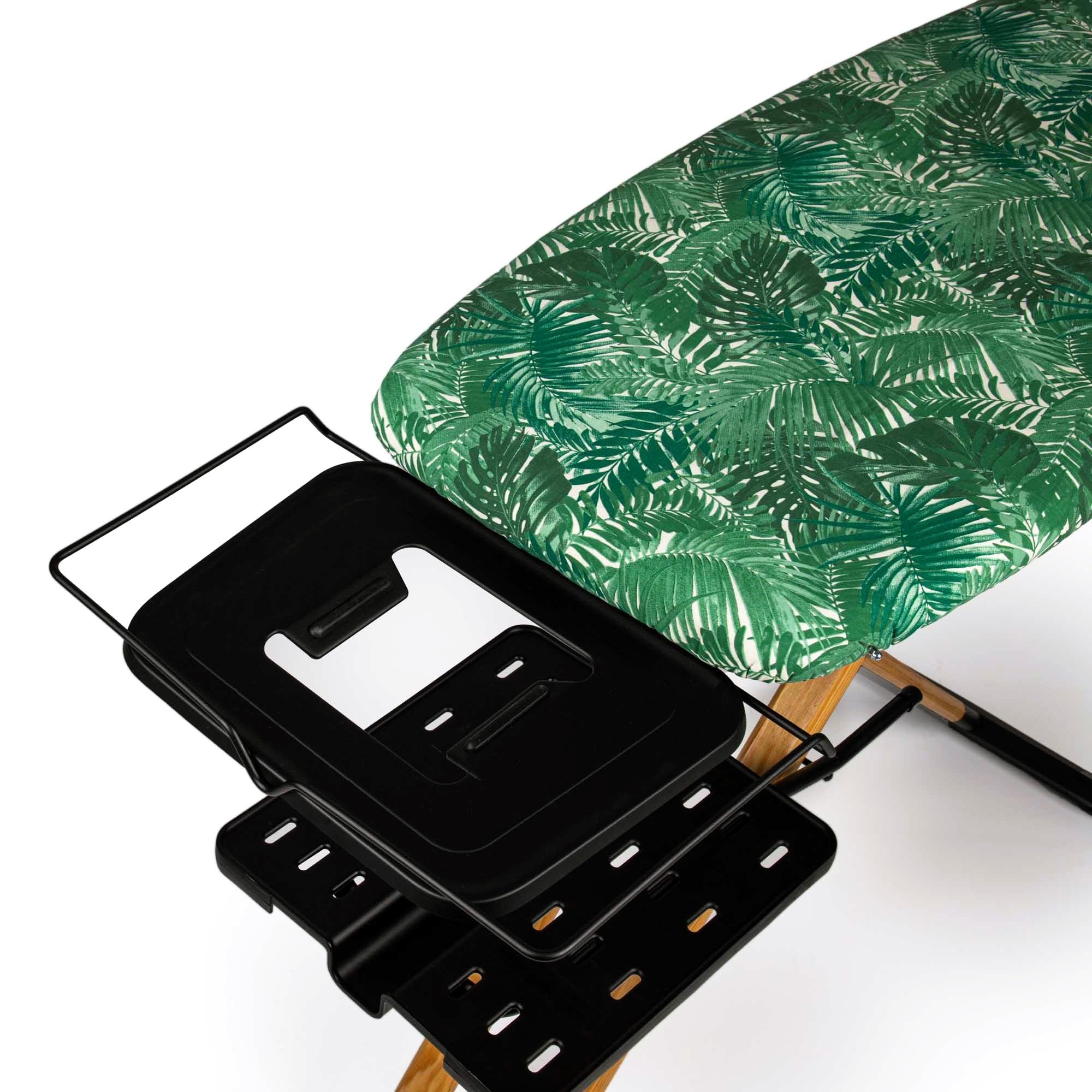 Tabla de Planchar GoldWoodVIP- 130x47 cm XXL, Madera Natural y Aluminio, Altura Regulable 98 cm, Estable, Ligera y Resistente, Ruedas, Soporte centro planchado + Bandeja para ropa, Fabricada en Europa