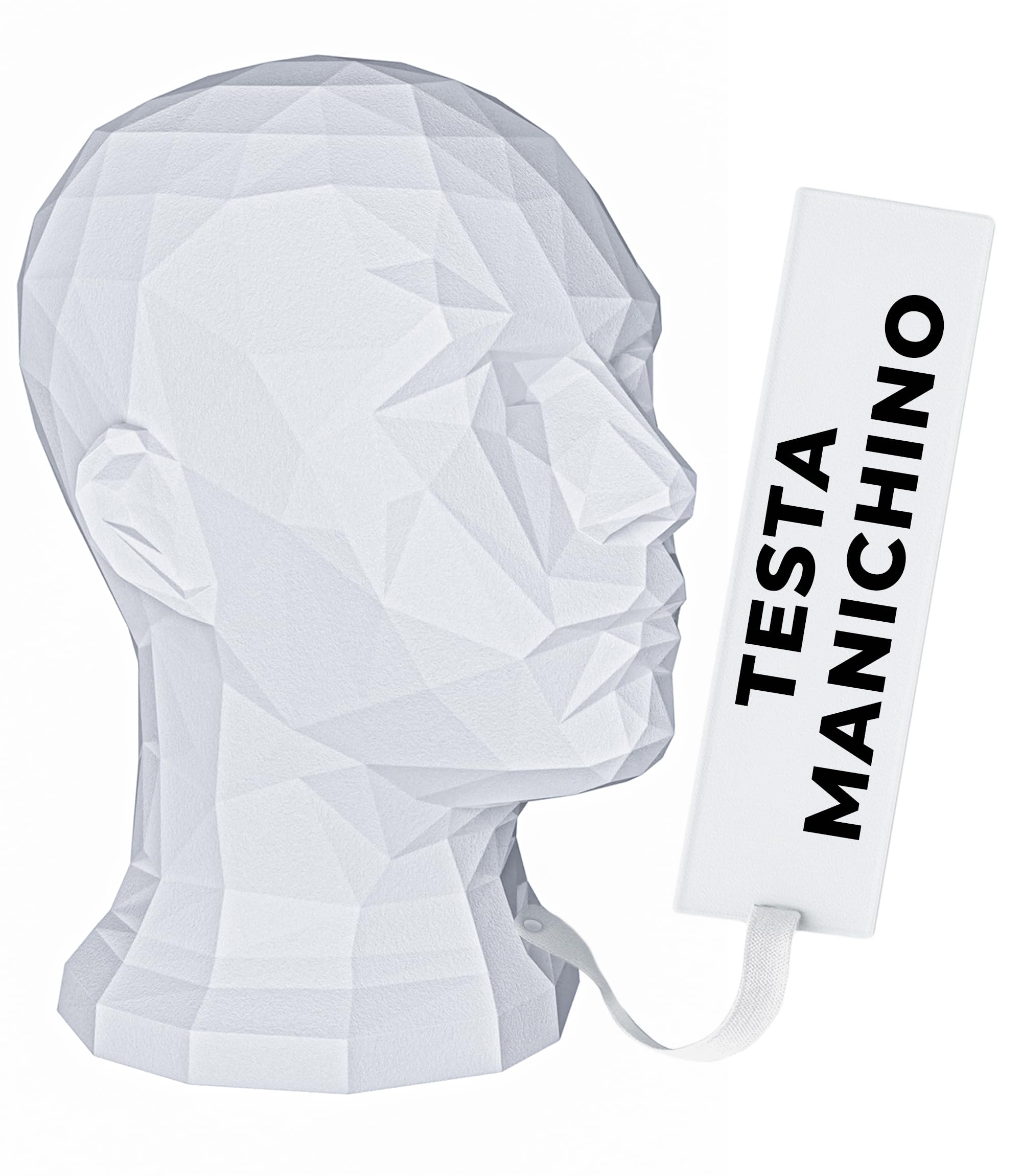 Testa manichino uomo per cuffie, cappelli e occhiali (Bianco) | Design sfaccettato, alto 30 cm e di soli 450 g, nero o bianco, per ordinare la scrivania e decorare mensole e vetrine