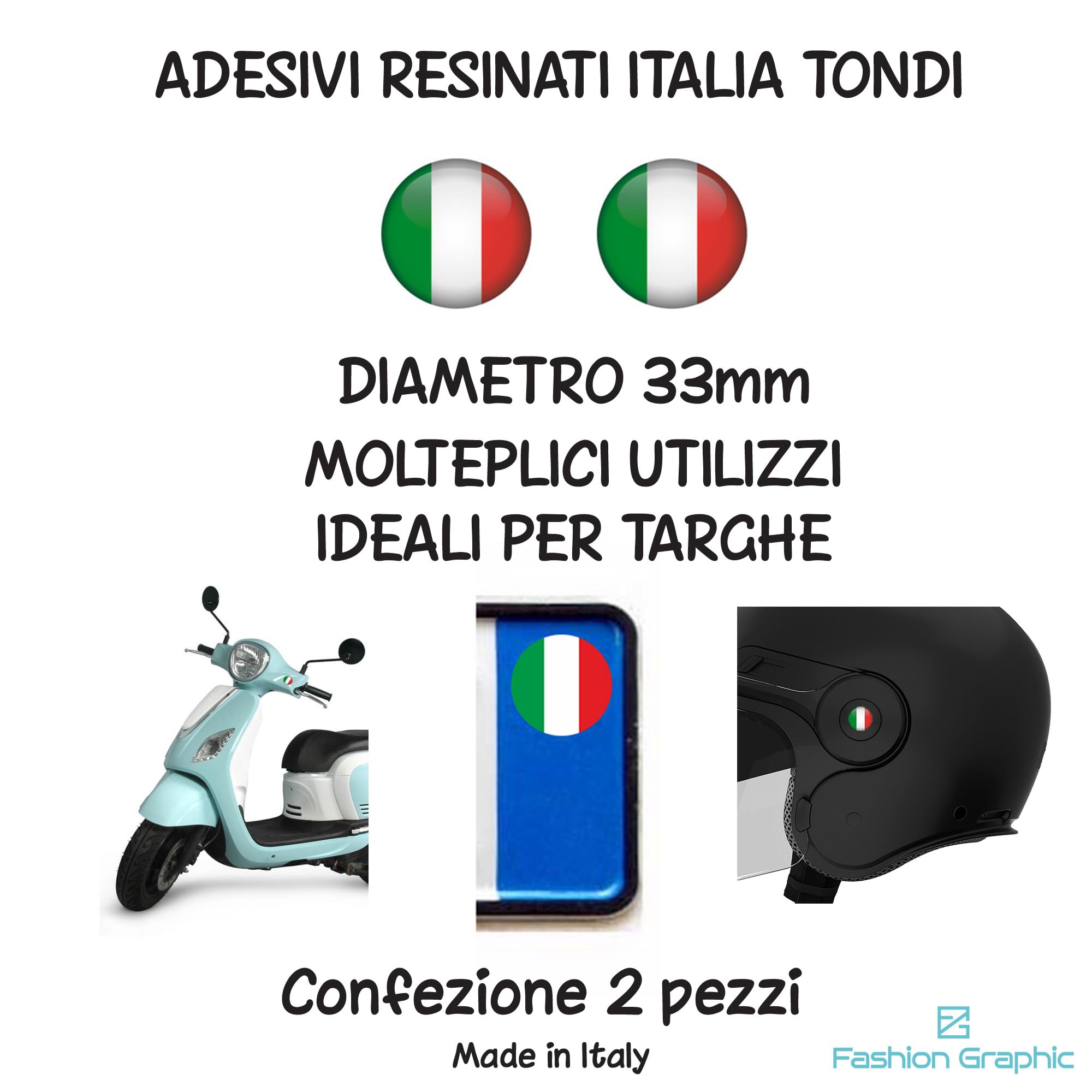 Adesivi resinati bandiera italiana tondi 33mm – coppia - made in Italy – sticker auto moto casco bici targa scooter – adesivi per auto esterni tuning 3D effetto rilievo alta adesività impermeabili