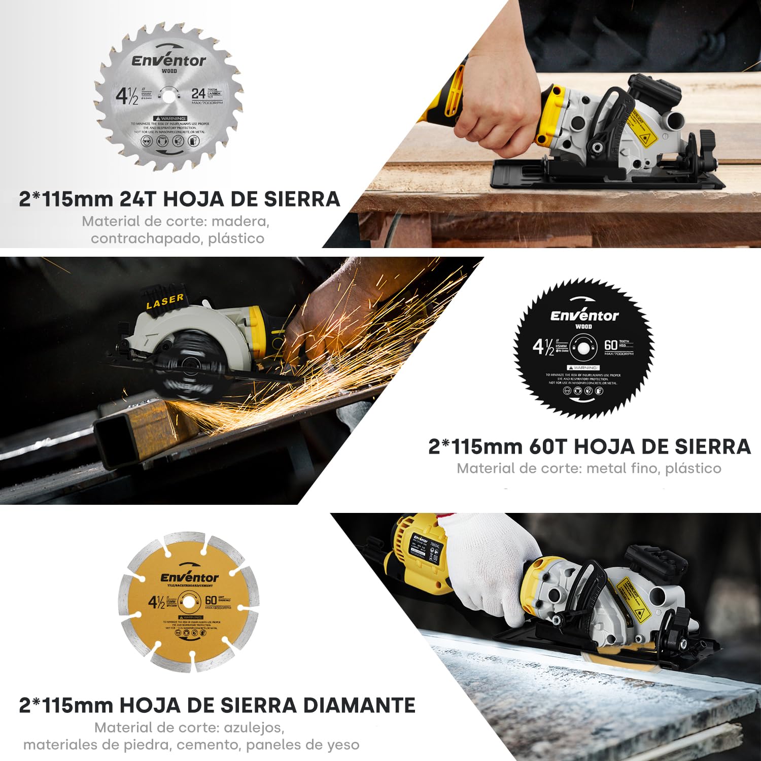 ENVENTOR Mini Sierra Circular 705W, Mini Sierra Circular de Mano 3500RPM, Guía Láser, 6 Hojas de Ø115mm, Corte: 42.8mm/90º, 28mm/45º, para Cortar Azulejo, Madera, Metal Blando