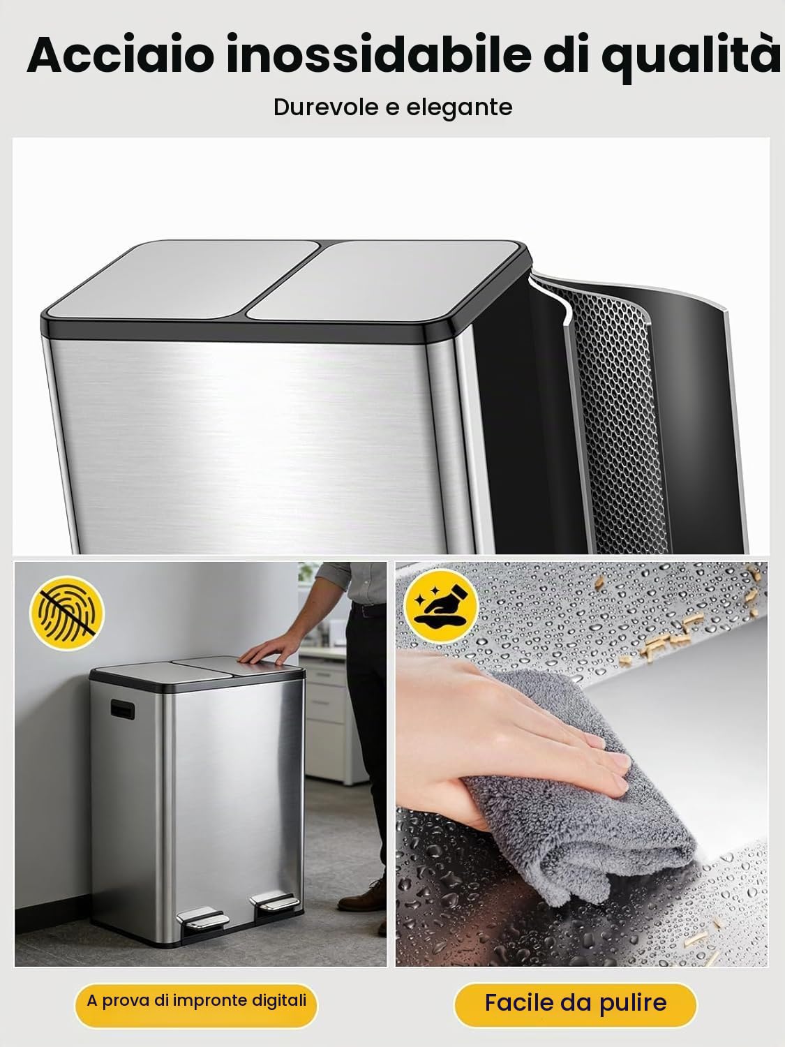 YEAUPE PRO Pattumiera Cucina 40L (2 × 20L) con Pedale, Pattumiera Doppia 2x | 20L per Raccolta Differenziata Acciaio Inox Coperchio Soft-Close, Secchi Interni Estraibili, Anti-Odore, 15 Sacchetti Inclusi