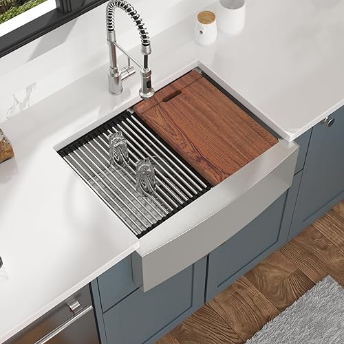 Miniatura 4 de Mocoloo - Fregadero de cocina de 27 x 22 pulgadas, delantal de fregadero de cocina de acero inoxidable de calibre 16, delantal curvado de un solo