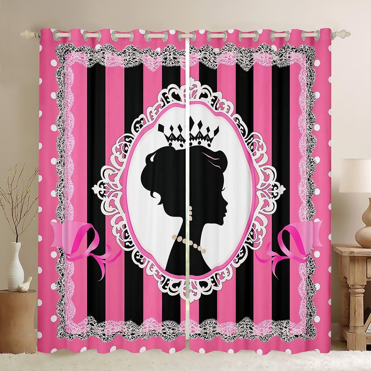 Castle Fairy Princess Silhouette Curtains Kids/Adults Fashion Crown Hearts Graffiti Curtain,Window Treatment Curtain for Boys Girls Room Decor,Girls Princess Style Window Drapes,Top 2 Panel,52Wx63L