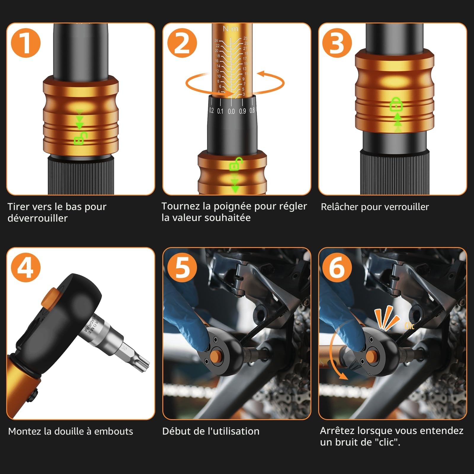 33 Pièces Clé Dynamométrique 1/4", 3-25Nm Cle Dynamométrique Velo, Précision ±3%, Kit D'entretien avec Douilles Hex, Barre D'extension, Bits Adaptateur, pour Moto y vélo Route et de Montagne