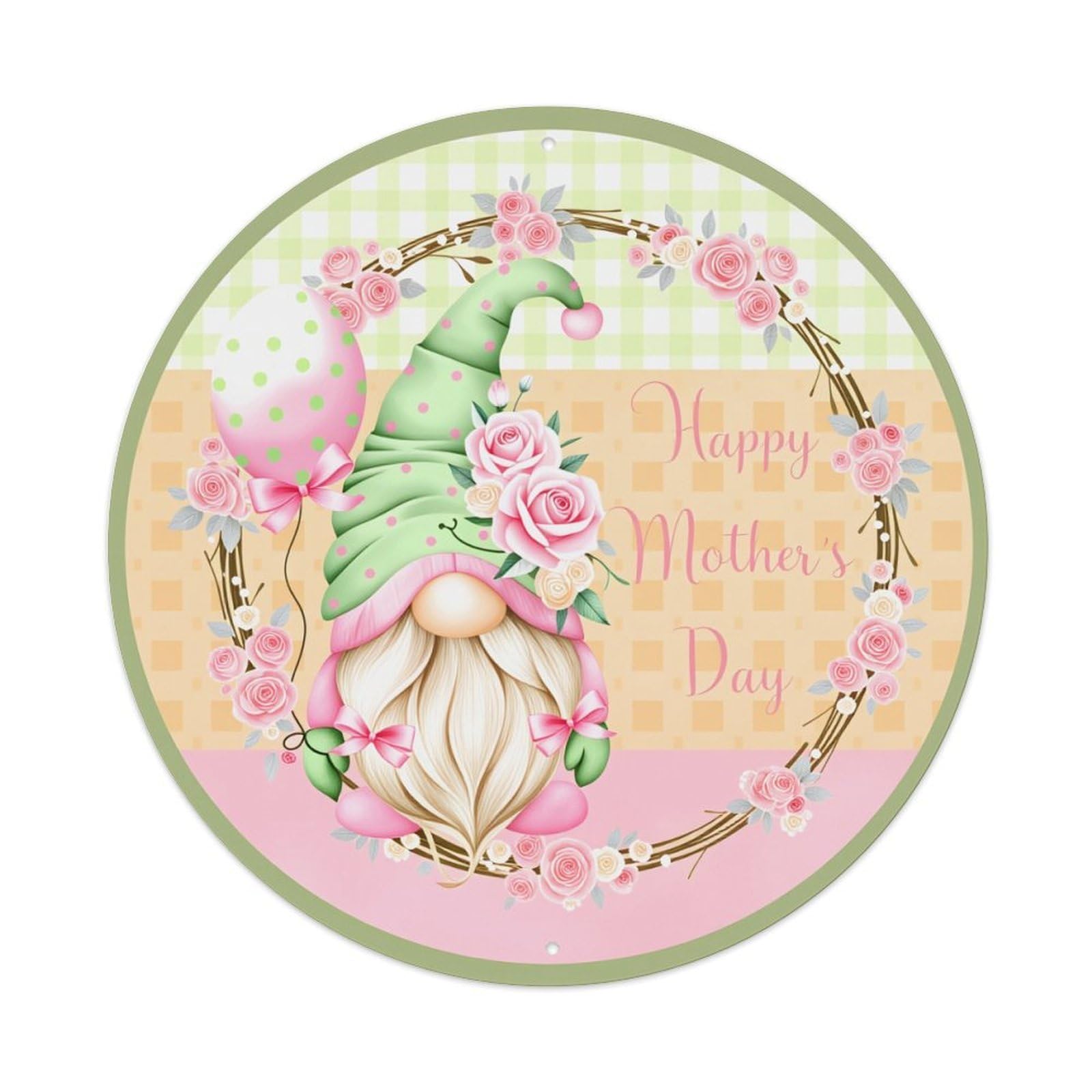 Gnome Rose Wreath Mother's Day Round Tin Sign Vintage Metal Poster Retro Bar, Home, Man Cave, Kitchen, Laundry Room Wall Art Decor Gift 8x8Inch