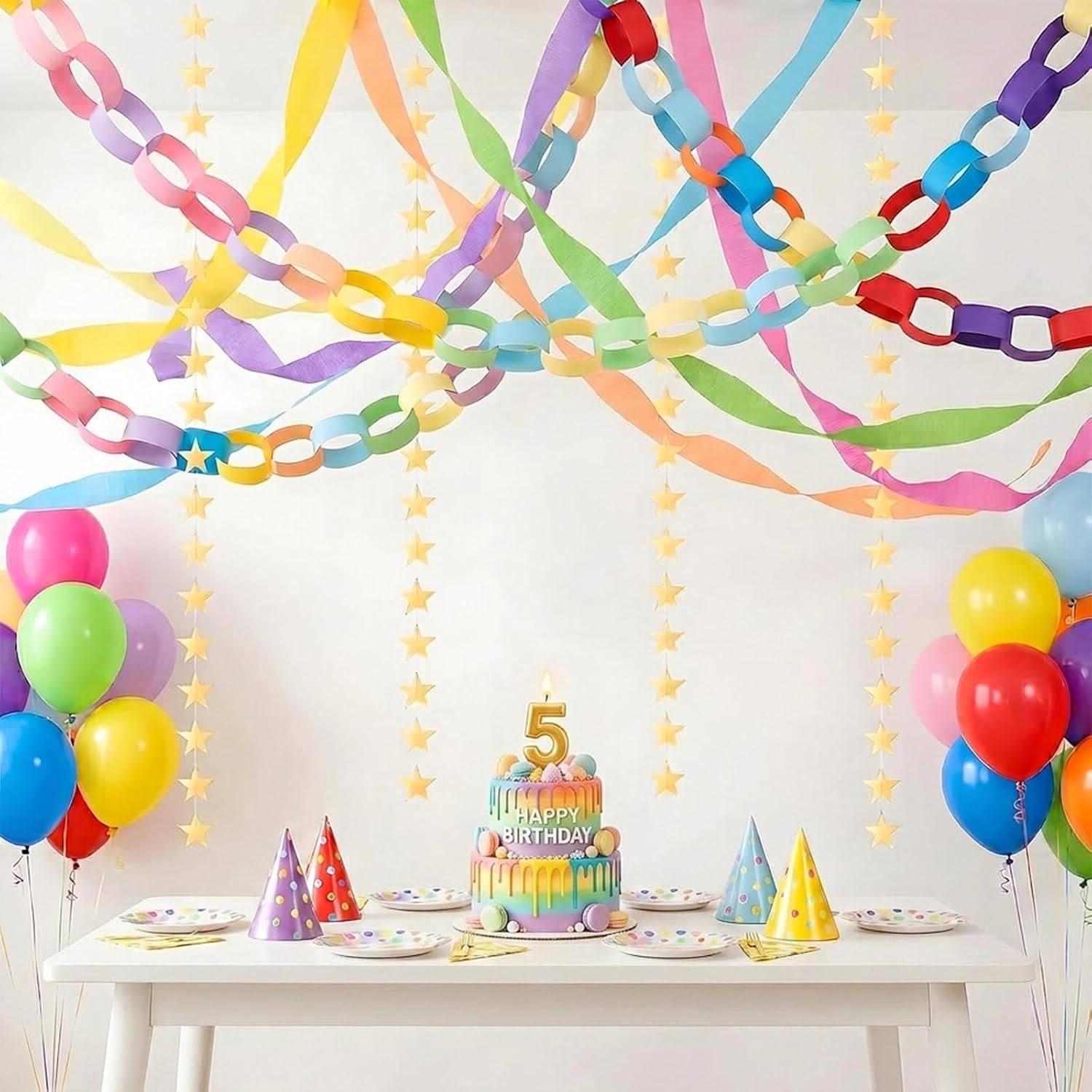 Rainbow Paper Chain Garland & Crepe Paper Streamers Set - 360+ PCS with 50 Balloons, Stapler, Pump, Gold Stars - Complete Birthday Backdrop and Classroom Decor Party Supplies (Rainbow)