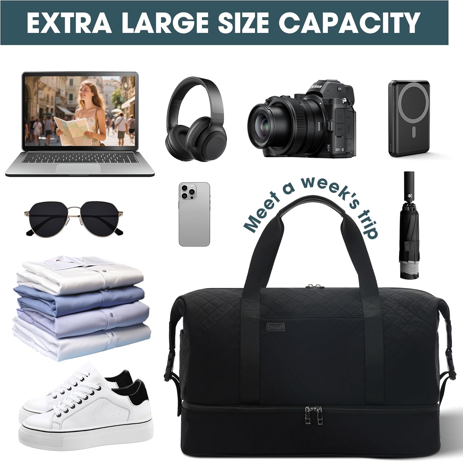 Women's Weekender bag Travel Duffel Bag with Shoe Compartment 21-inch Airline-Approved Carry-On, 2-Piece Overnight Bag Set Personal Item Luggage - Image 3