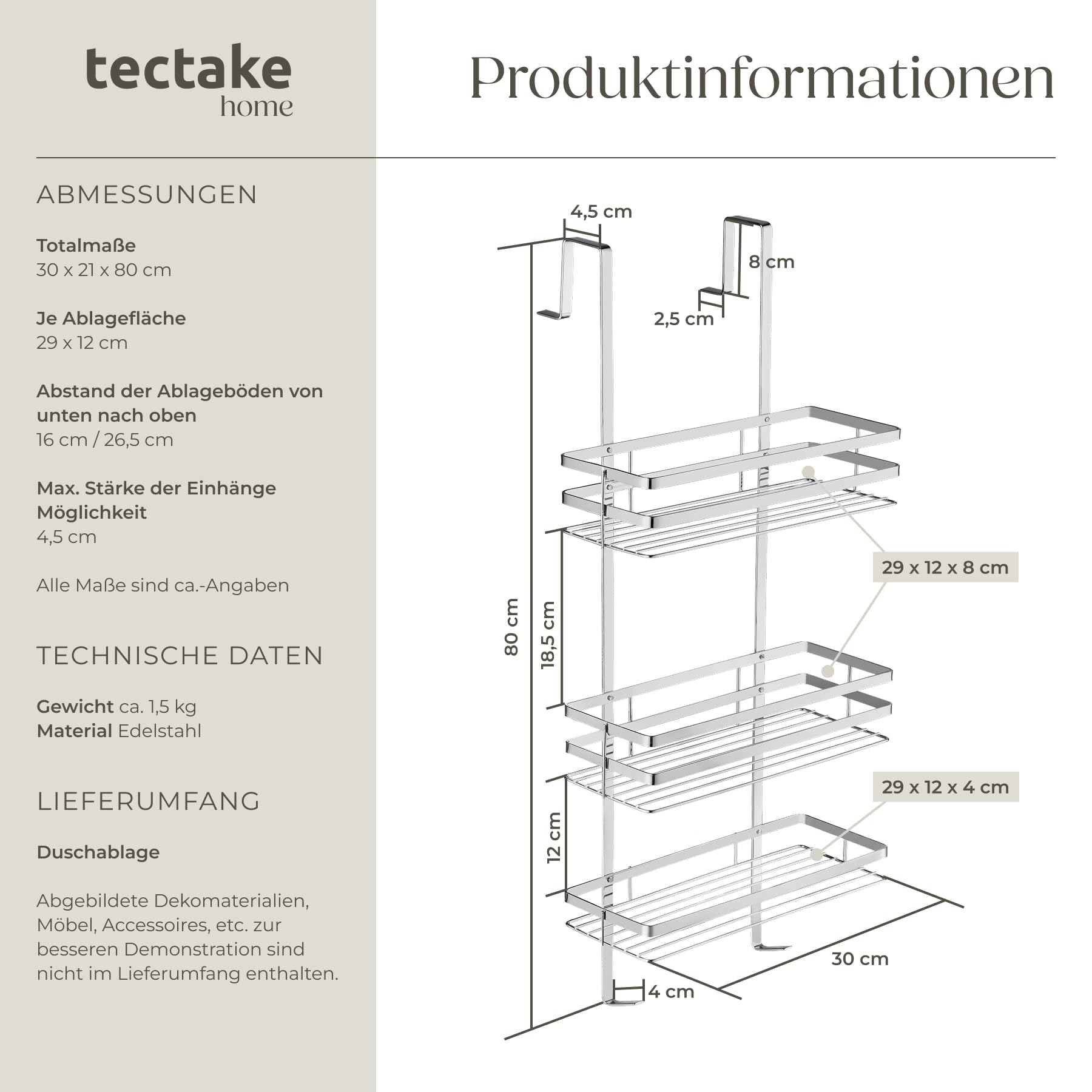 tectake® Duschregal mit 3 Böden zum Hängen | Duschablage Badregal Duschkorb