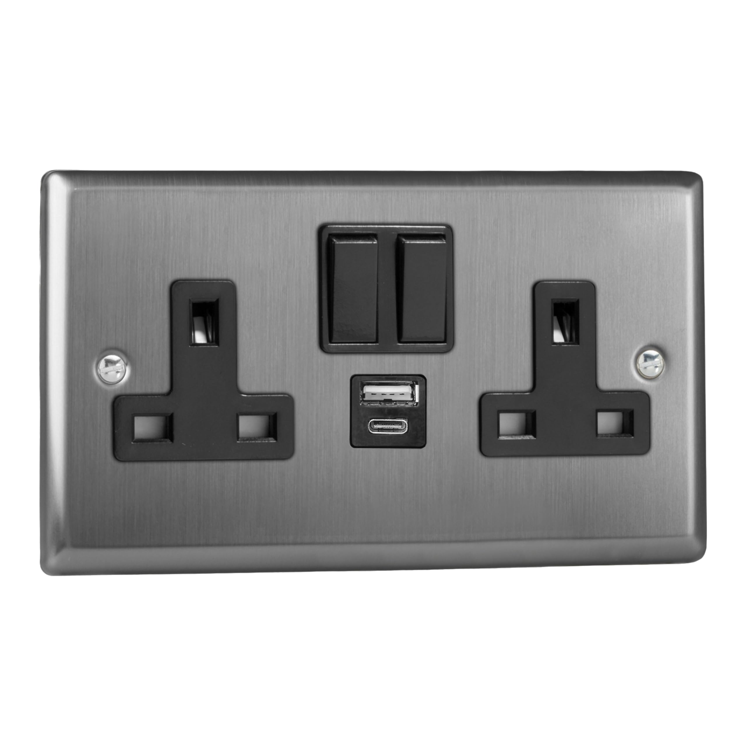 Varilight Double Switched Plug Socket With USB A+C Charging - Classic Brushed Steel With Black Insert, XT5UACB